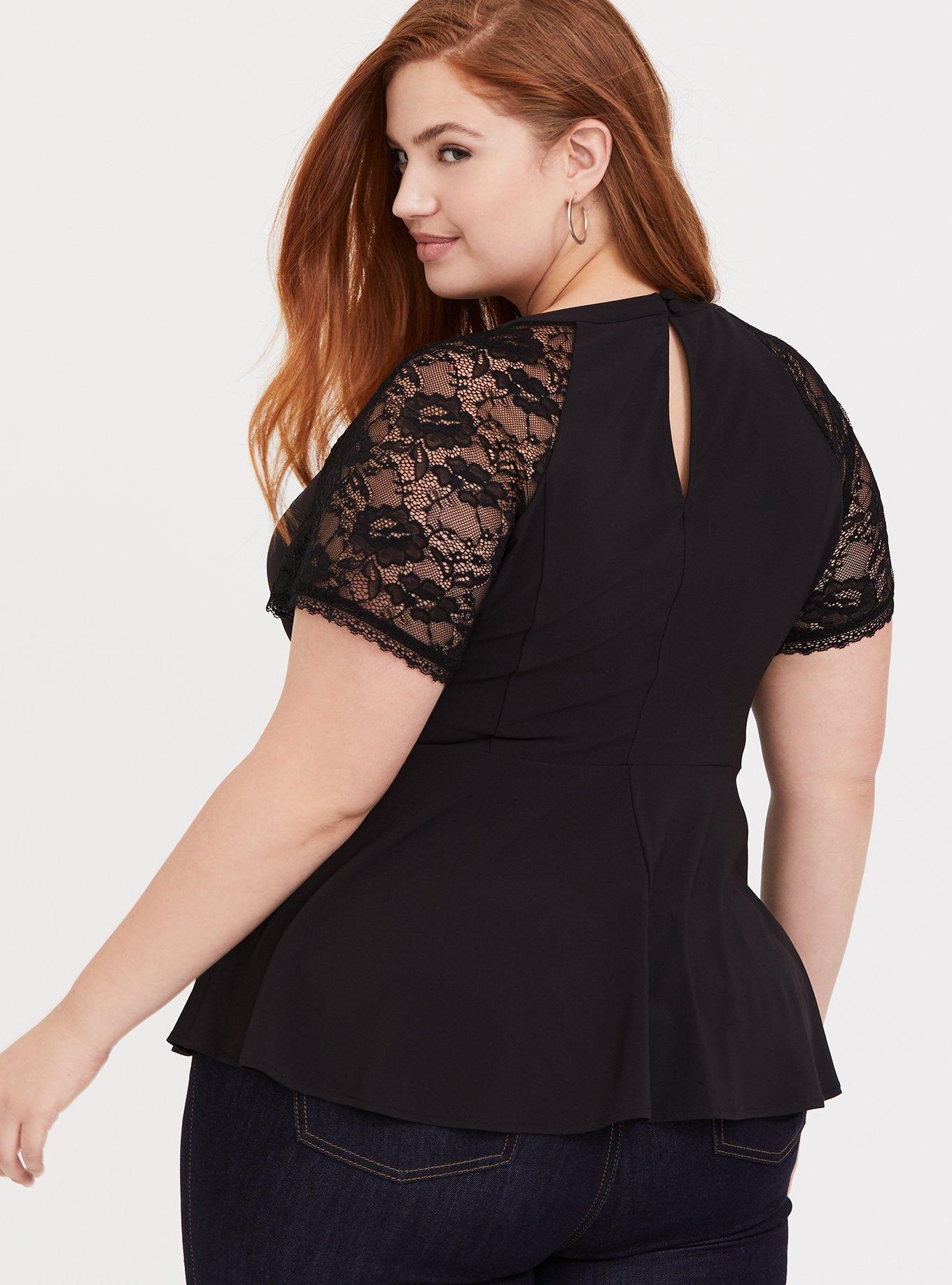 Peplum Crepe Lace Sleeve Top, DEEP BLACK, alternate