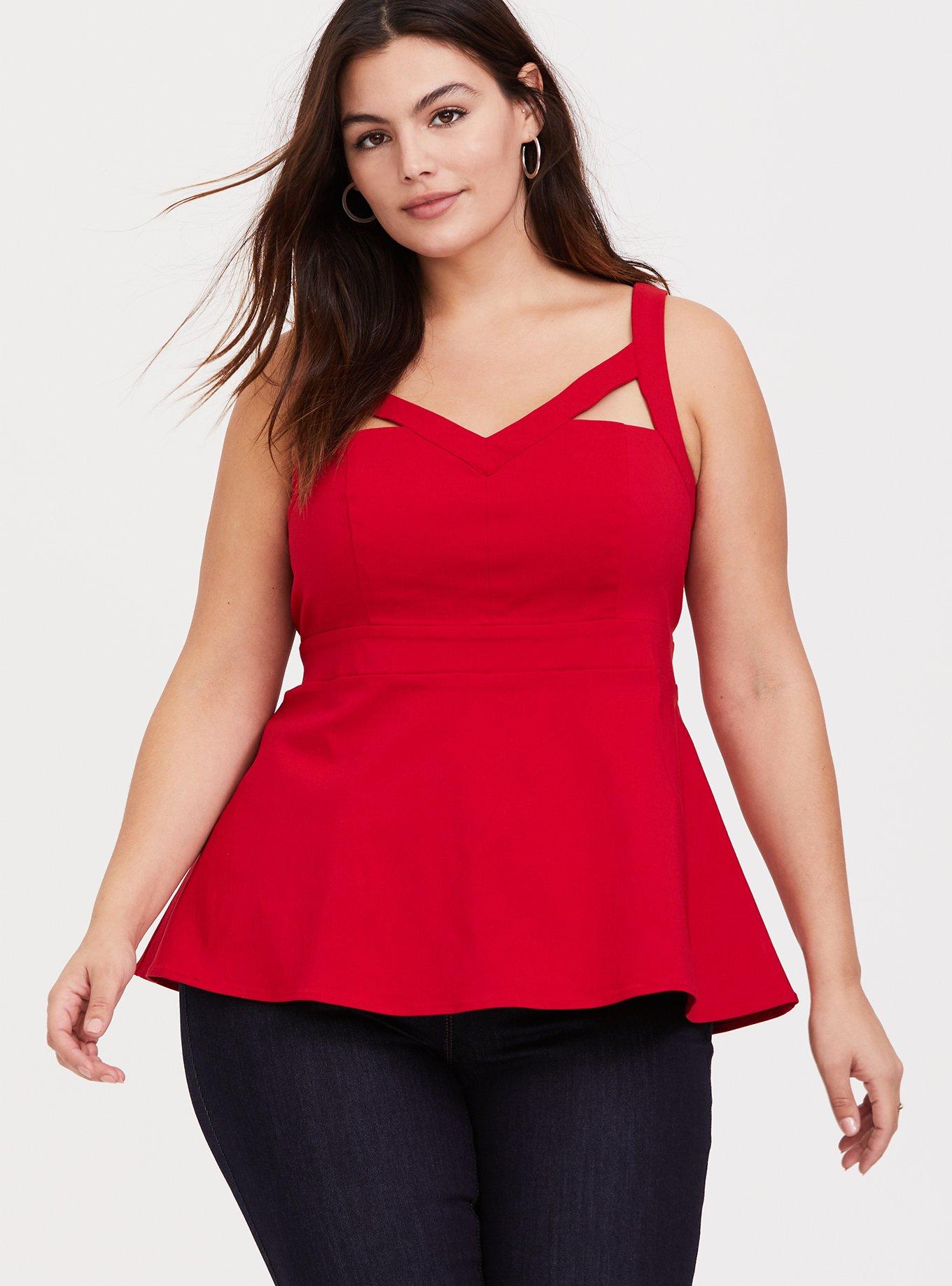 Red Bengaline Cutout Peplum Top, , hi-res