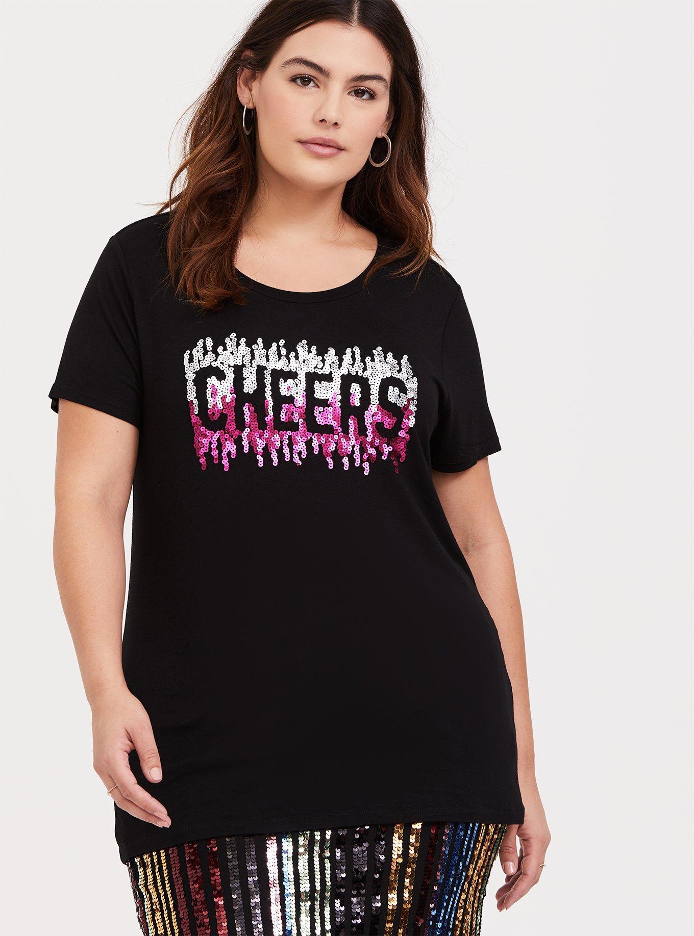 Super Soft Cheers Black Slim Fit Sequin Tee, DEEP BLACK, alternate