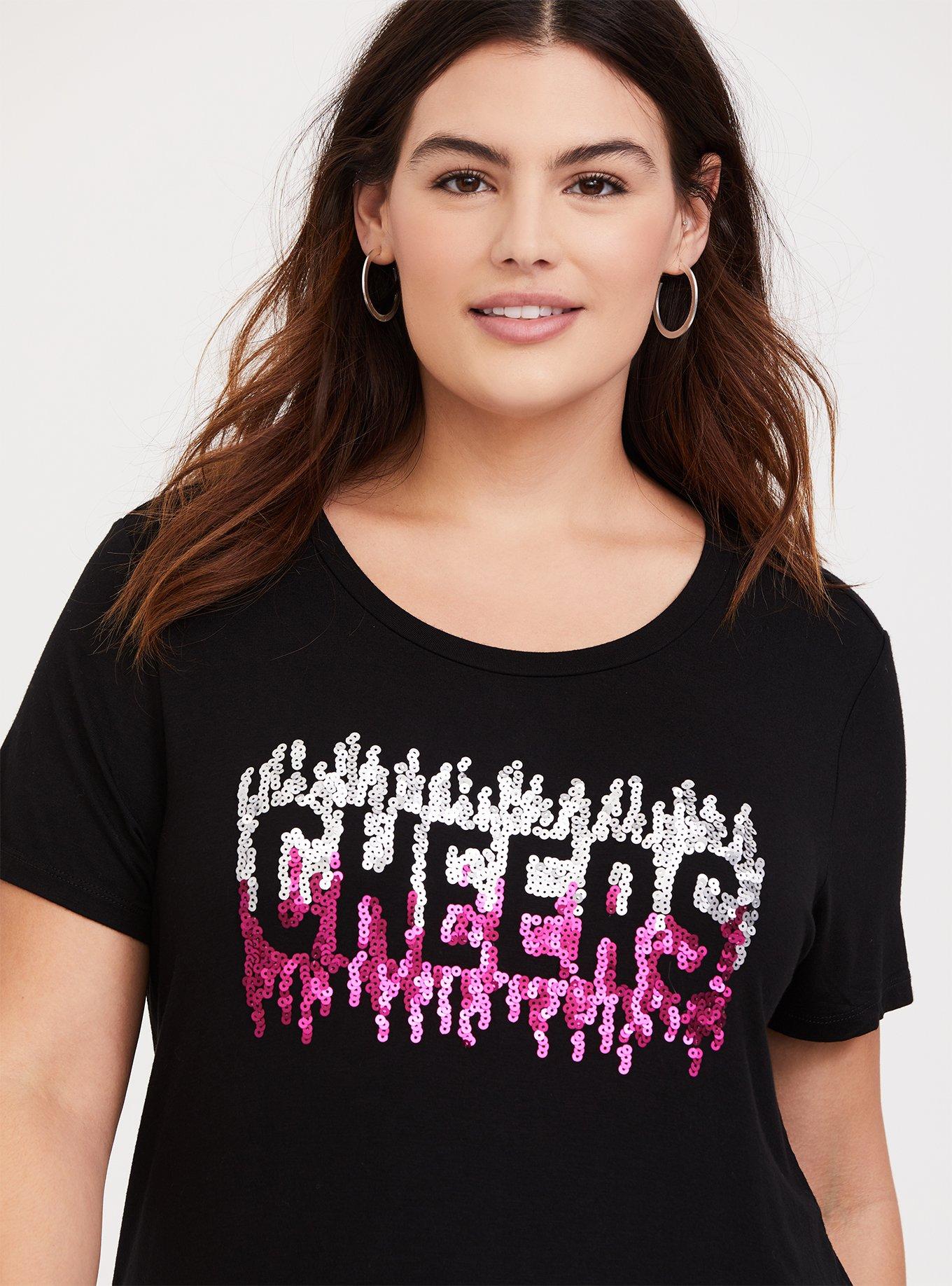 Super Soft Cheers Black Slim Fit Sequin Tee, DEEP BLACK, hi-res