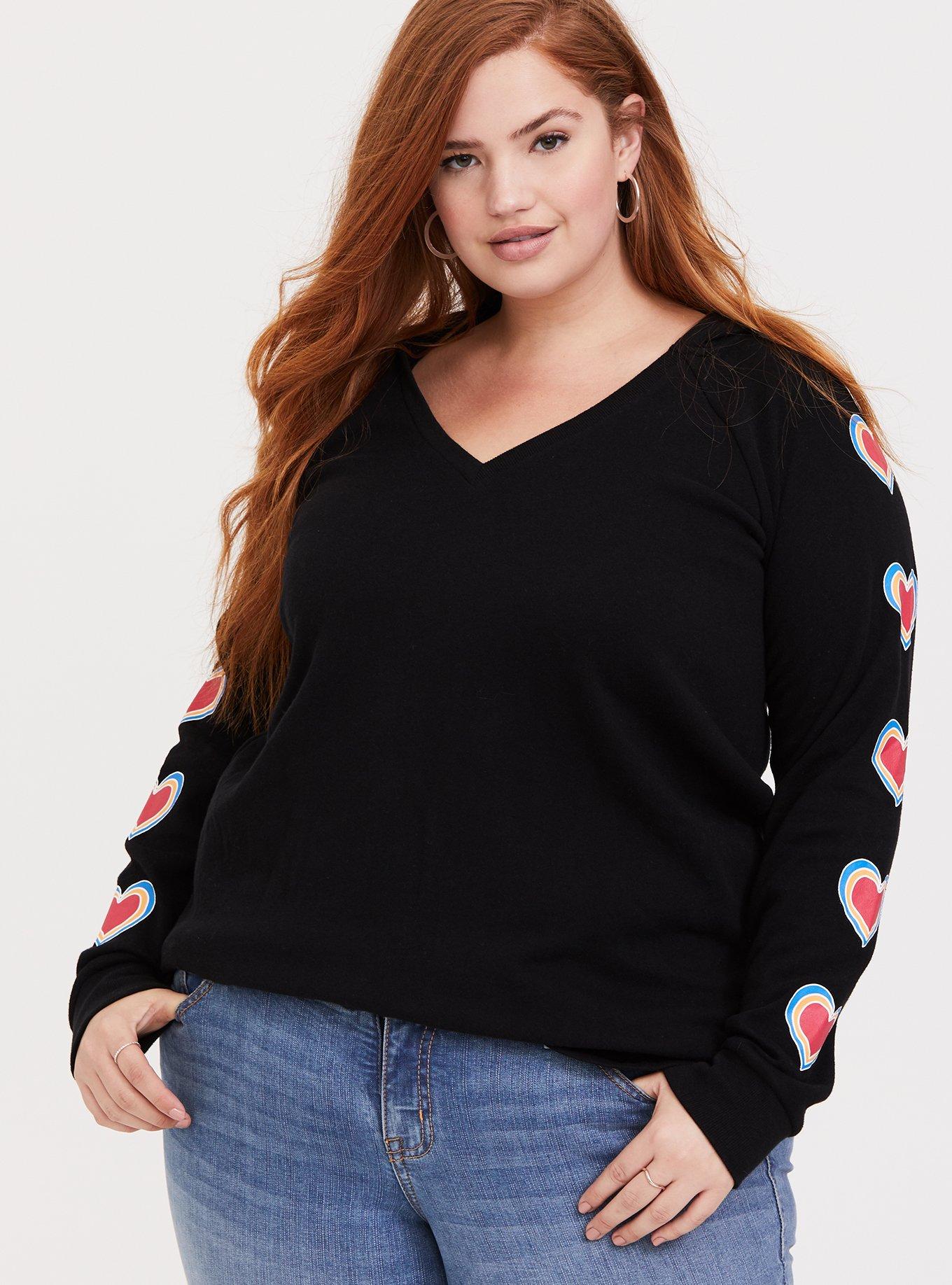 Plus Size Black Rainbow Heart Tunic Hoodie, DEEP BLACK, alternate