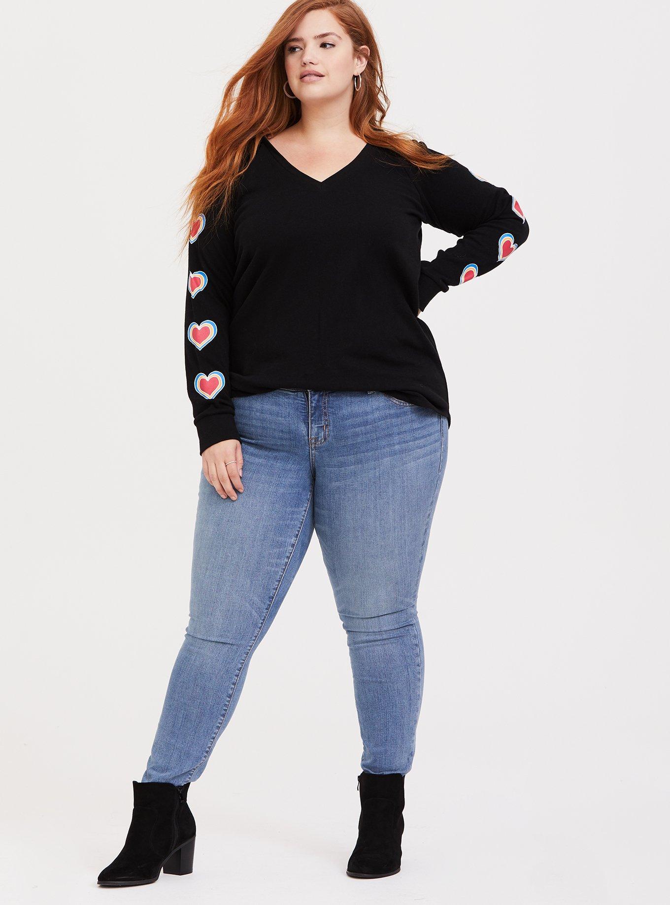 Plus Size Black Rainbow Heart Tunic Hoodie, DEEP BLACK, alternate