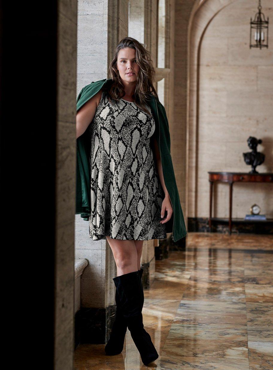 Plus Size Black Snakeskin Print Sweater-knit Trapeze Dress, , hi-res