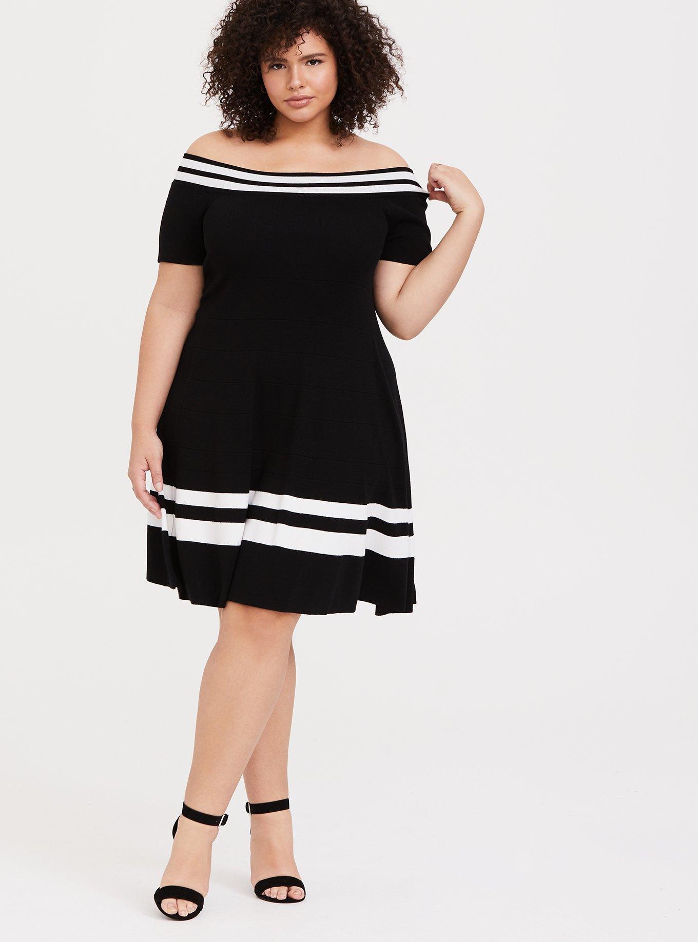 Black & White Stripe Sweater-Knit Off-Shoulder Dress, STRIPE BLACK, alternate