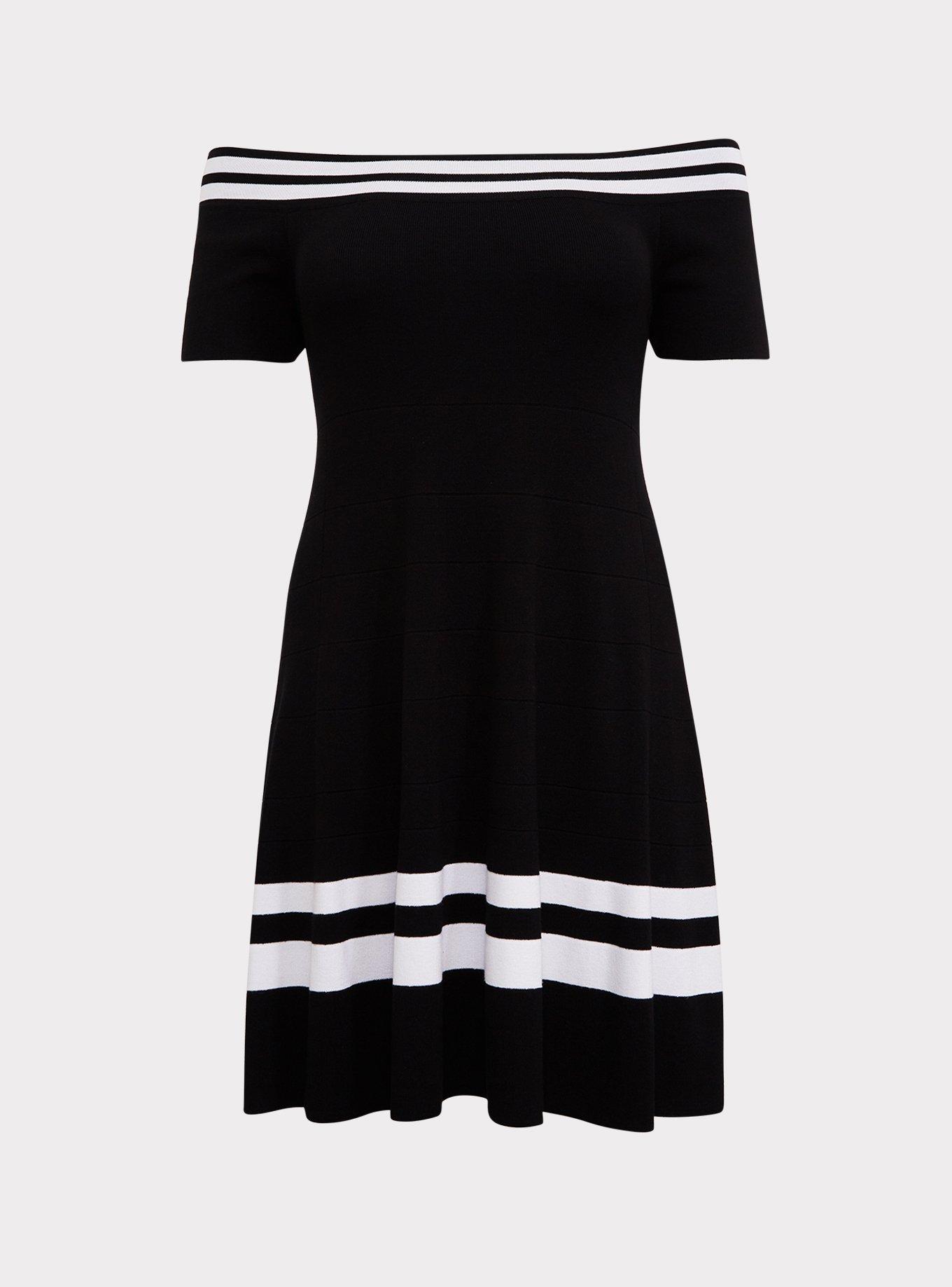 Black & White Stripe Sweater-Knit Off-Shoulder Dress, STRIPE BLACK, hi-res