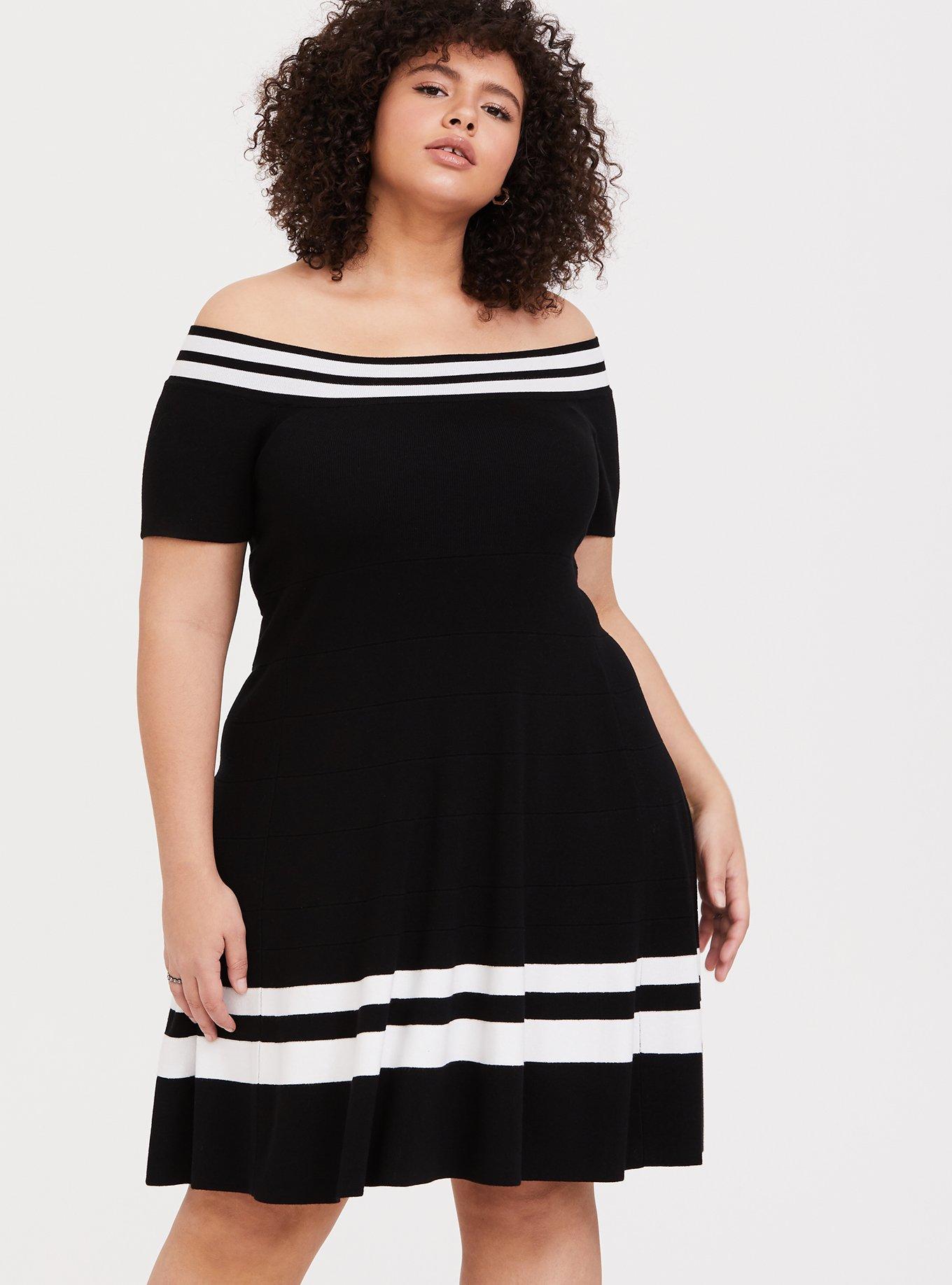 Black & White Stripe Sweater-Knit Off-Shoulder Dress, STRIPE BLACK, hi-res