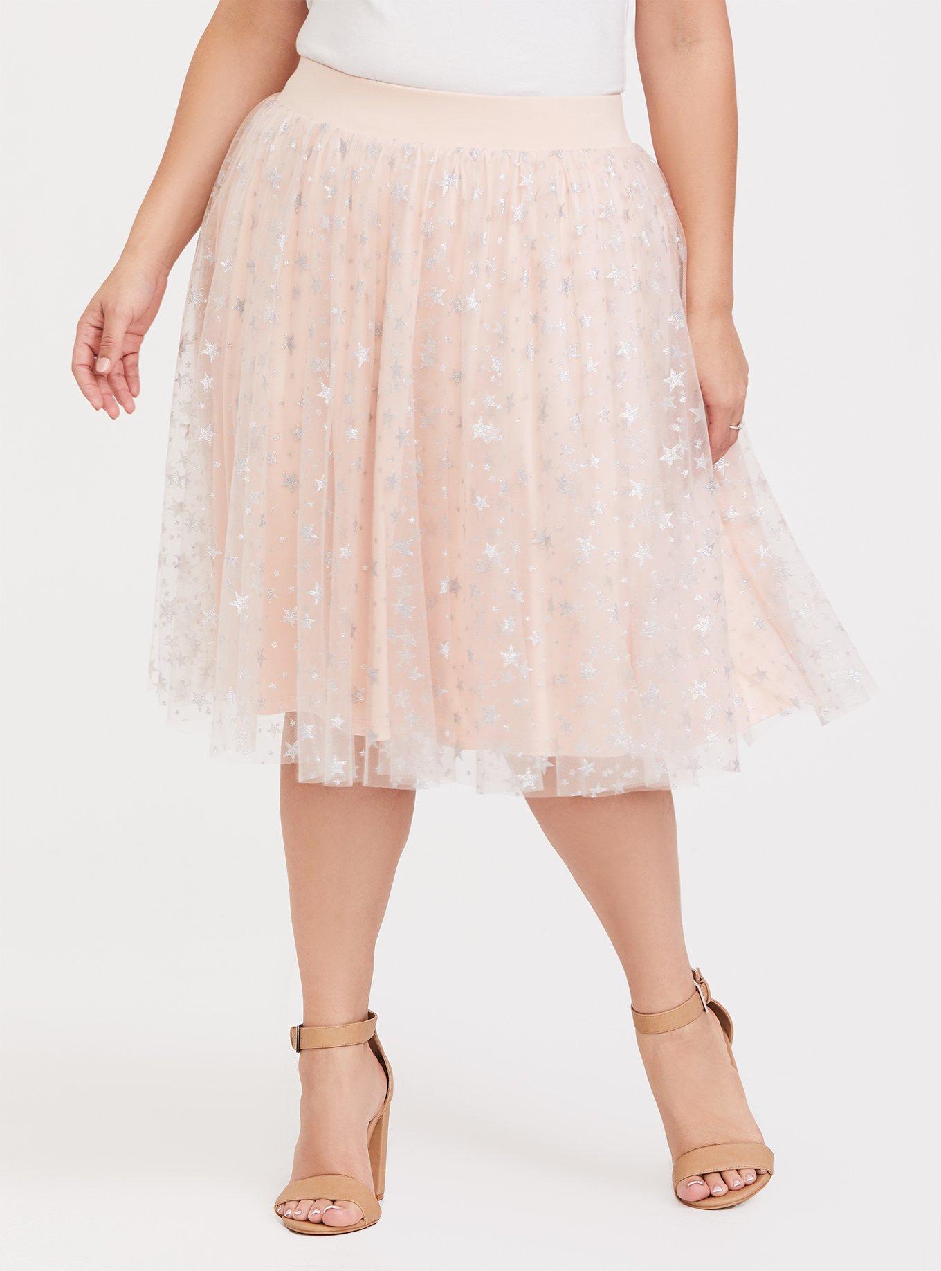 Plus Size - Blush Pink Star Tulle Mini Skater Skirt -
