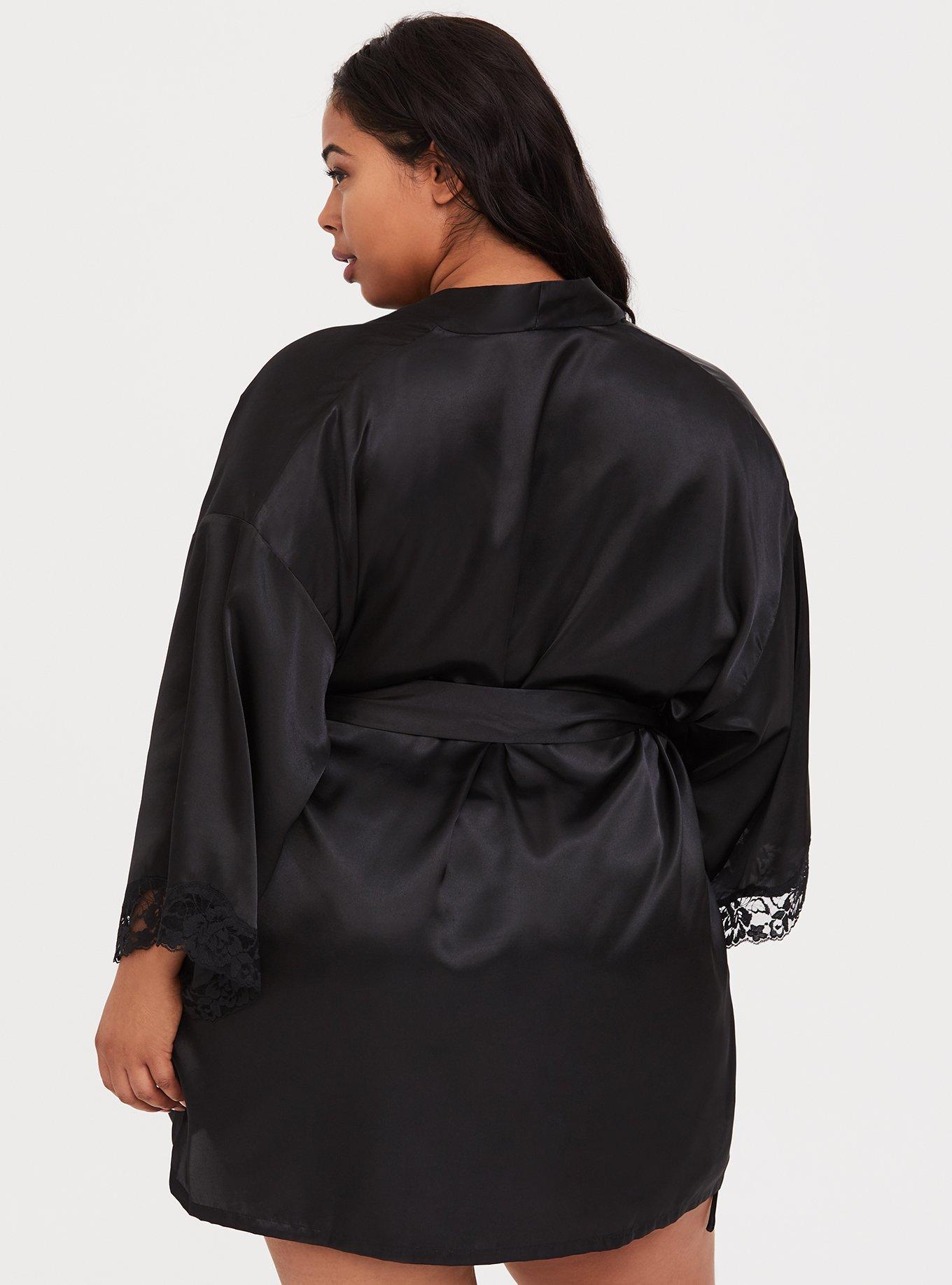 Satin And Lace Short Lingerie Robe, BLACK, alternate