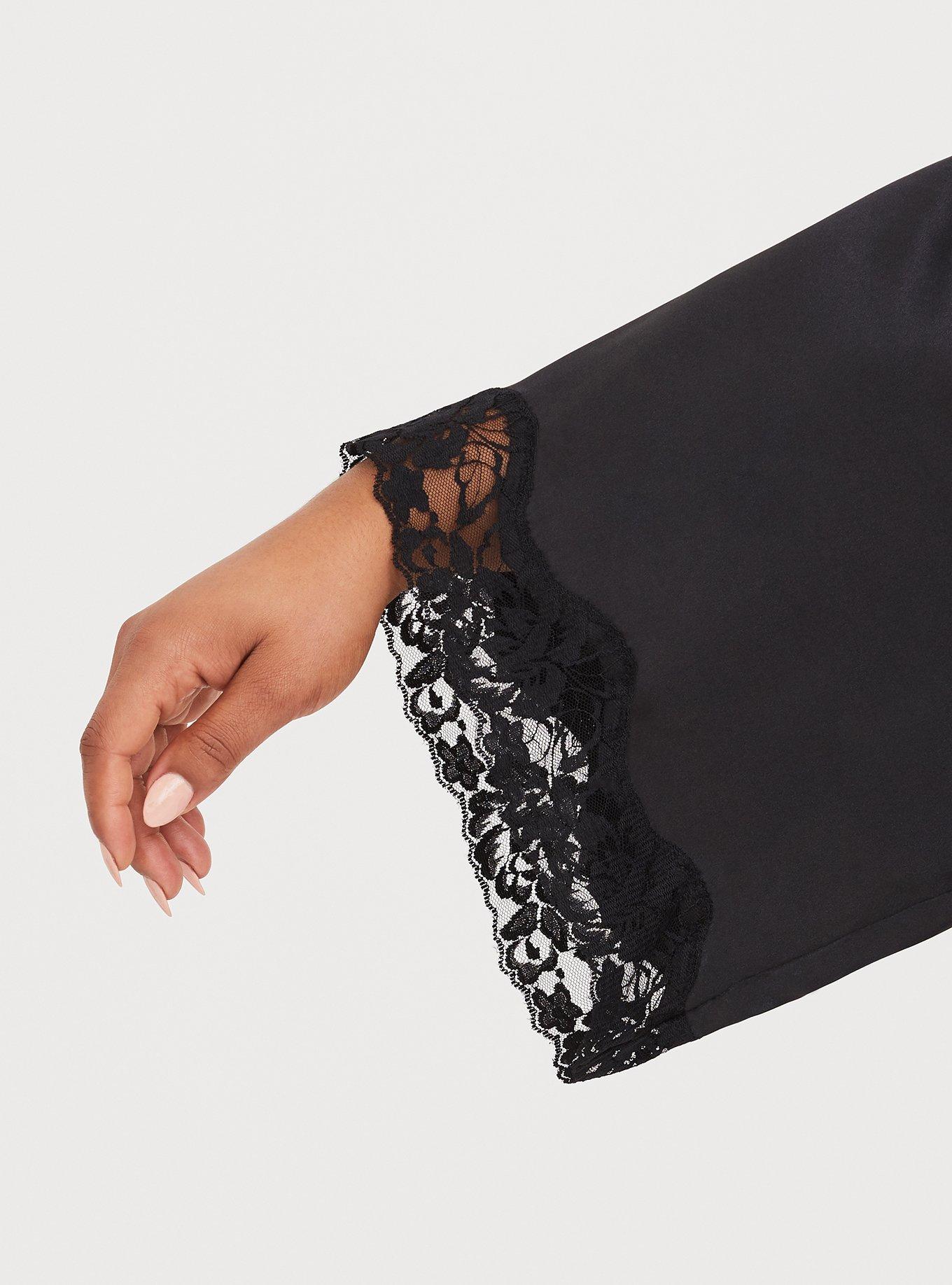 Satin And Lace Short Lingerie Robe, BLACK, alternate