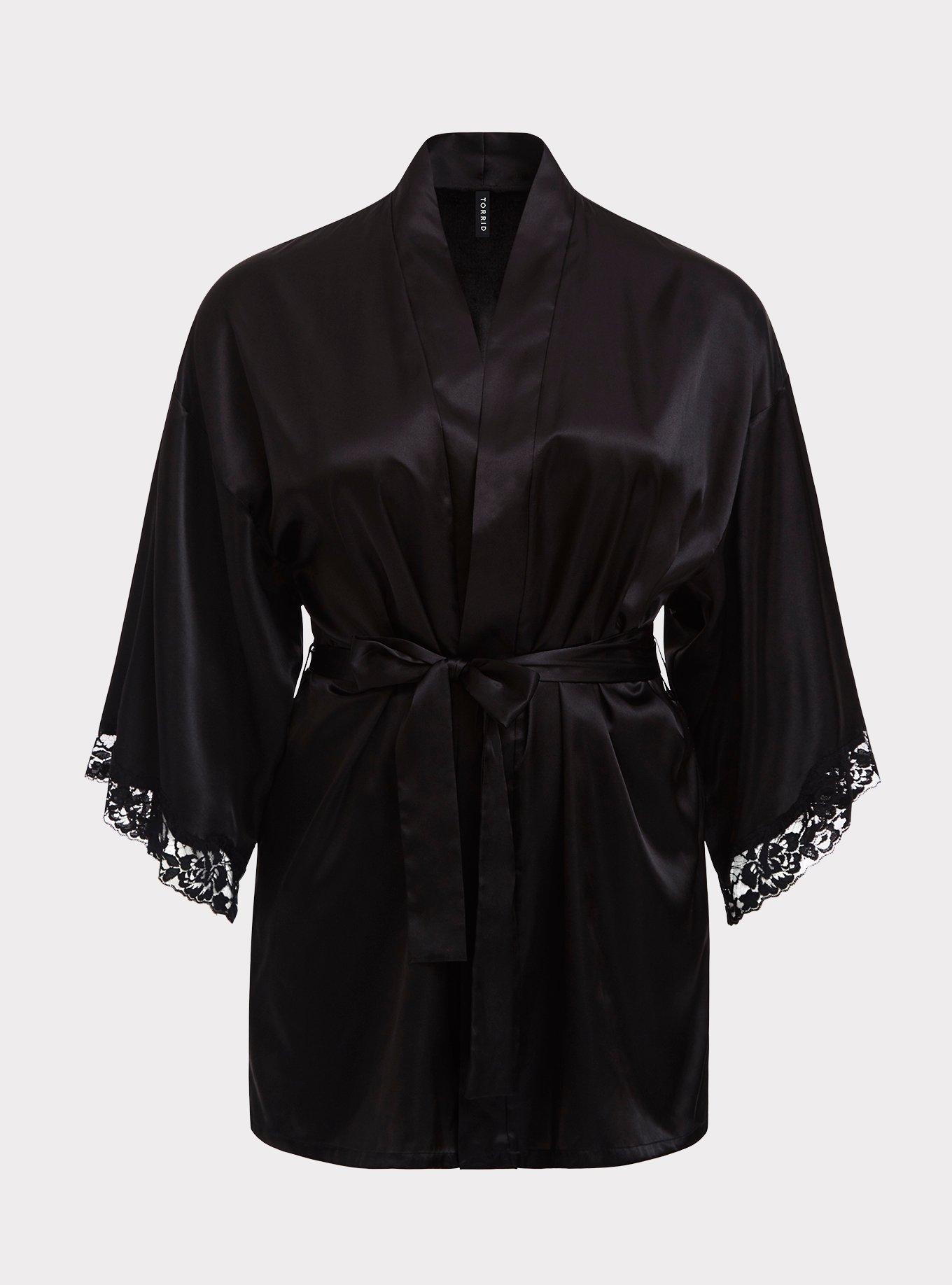 Satin And Lace Short Lingerie Robe, BLACK, hi-res