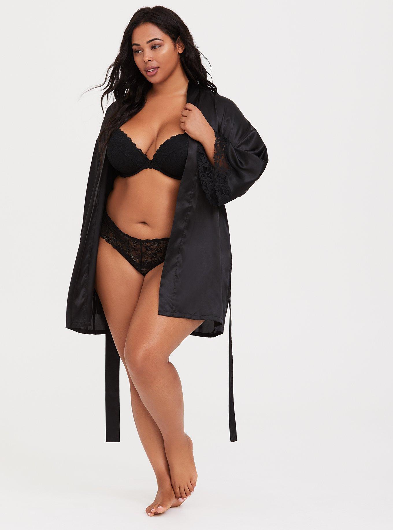 Satin And Lace Short Lingerie Robe, BLACK, hi-res