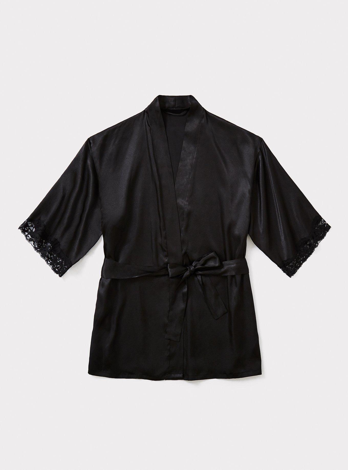 Satin And Lace Short Lingerie Robe, BLACK, hi-res