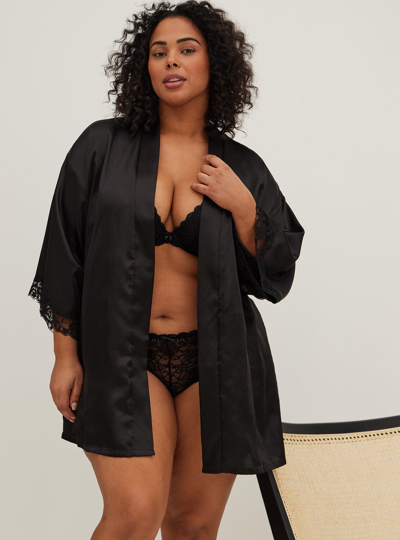 WMNS Short Sleeve Mini Satin Robe - Lace Back and Shoulder / Wide