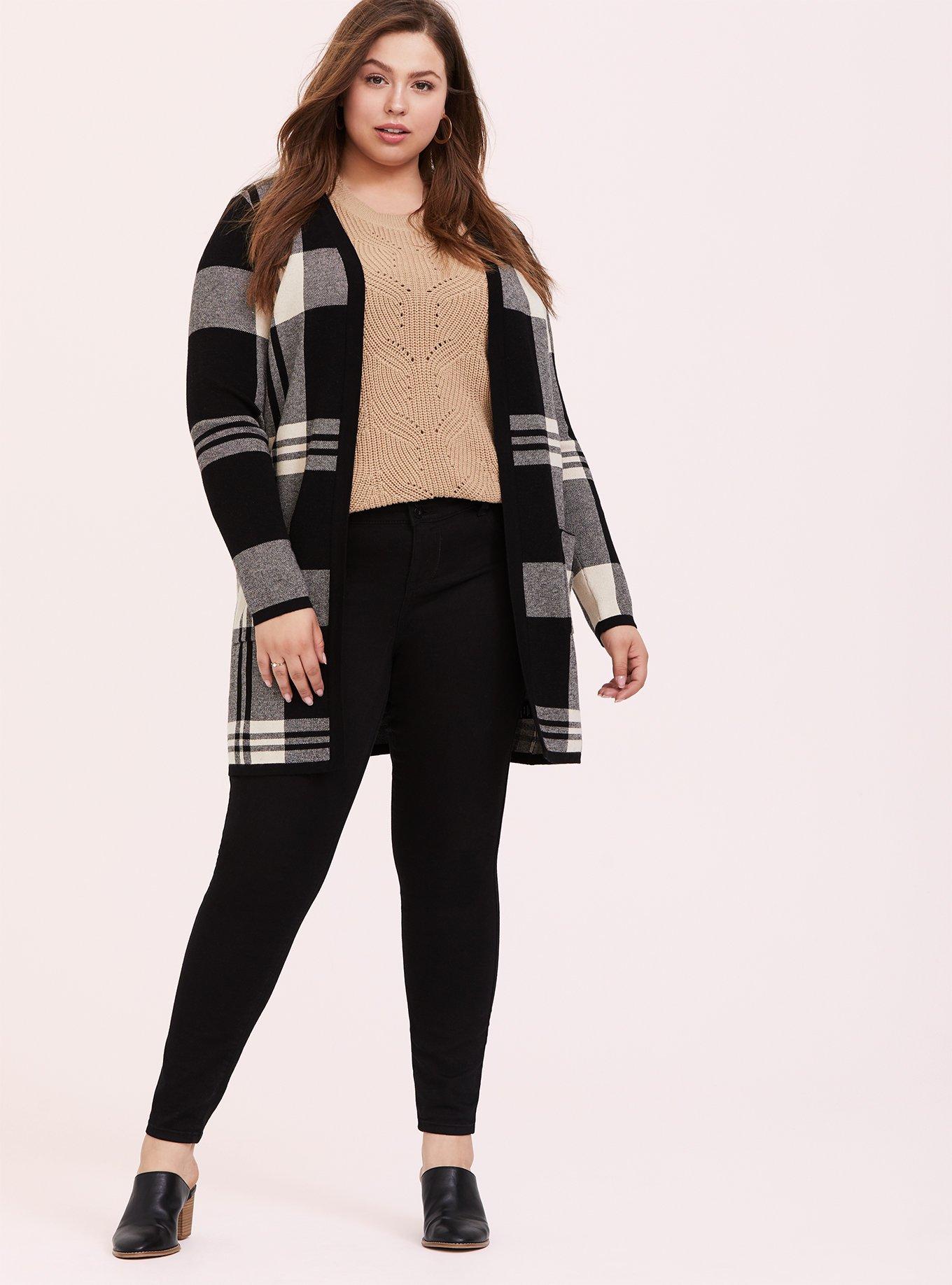 Plus Size Black Jacquard Plaid Cardigan, PLAID, alternate