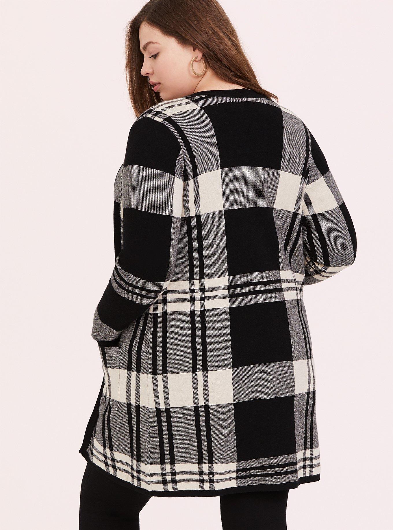 Plus Size Black Jacquard Plaid Cardigan, PLAID, alternate