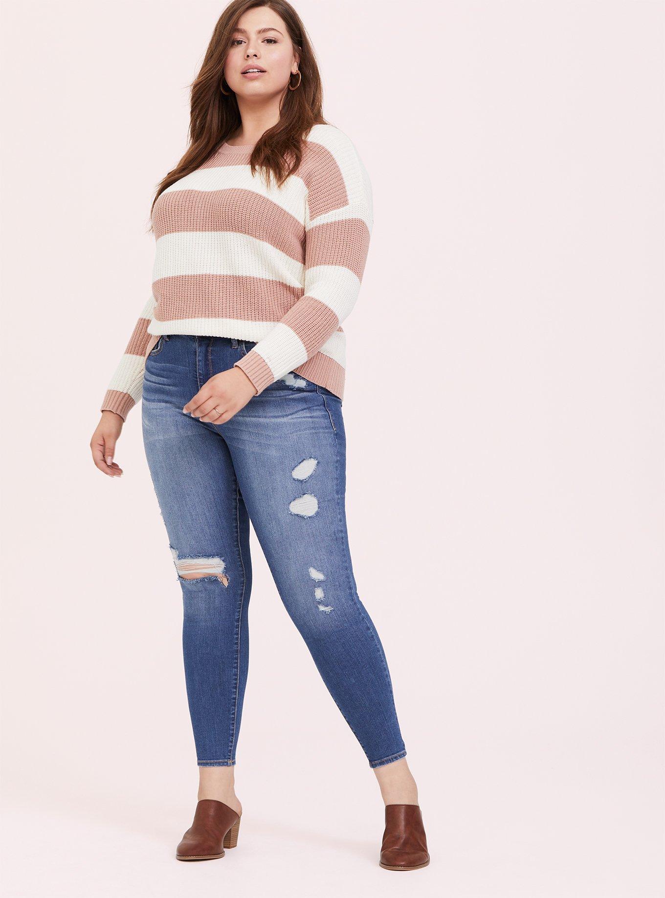Pullover Drop Shoulder Sweater, BLUSH STRIPE, alternate