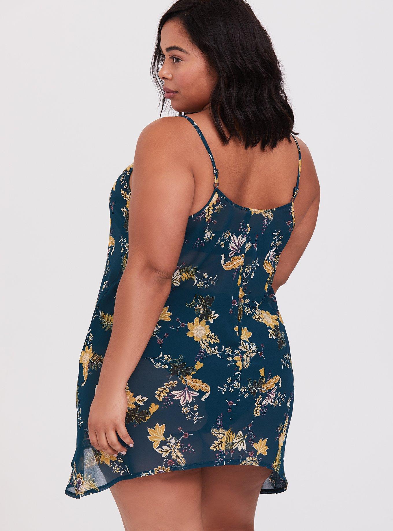 Outlander Dark Teal Floral Chiffon Sharkbite Chemise, MULTI FLORAL, alternate