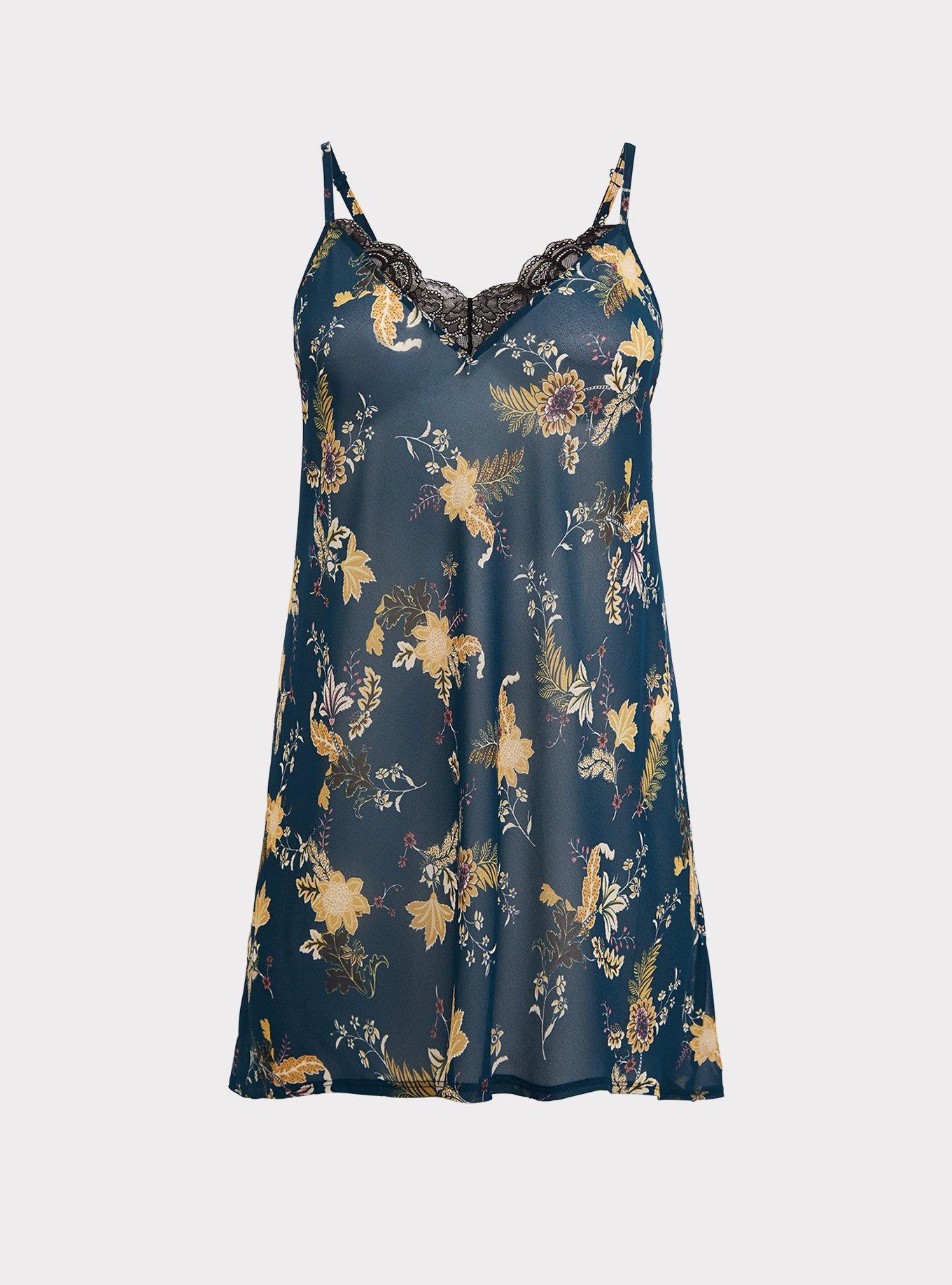 Outlander Dark Teal Floral Chiffon Sharkbite Chemise, MULTI FLORAL, hi-res
