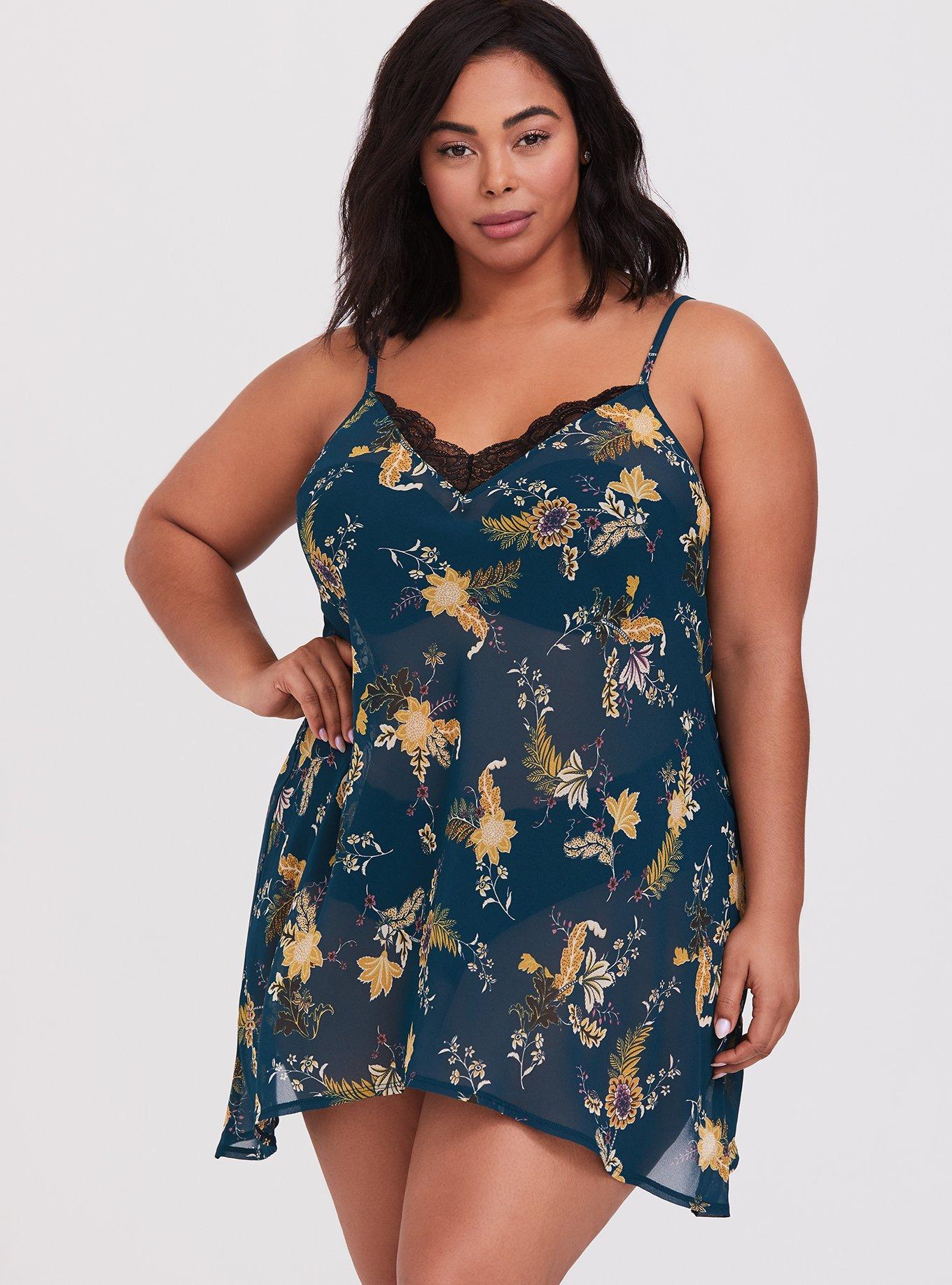 Outlander Dark Teal Floral Chiffon Sharkbite Chemise, MULTI FLORAL, hi-res