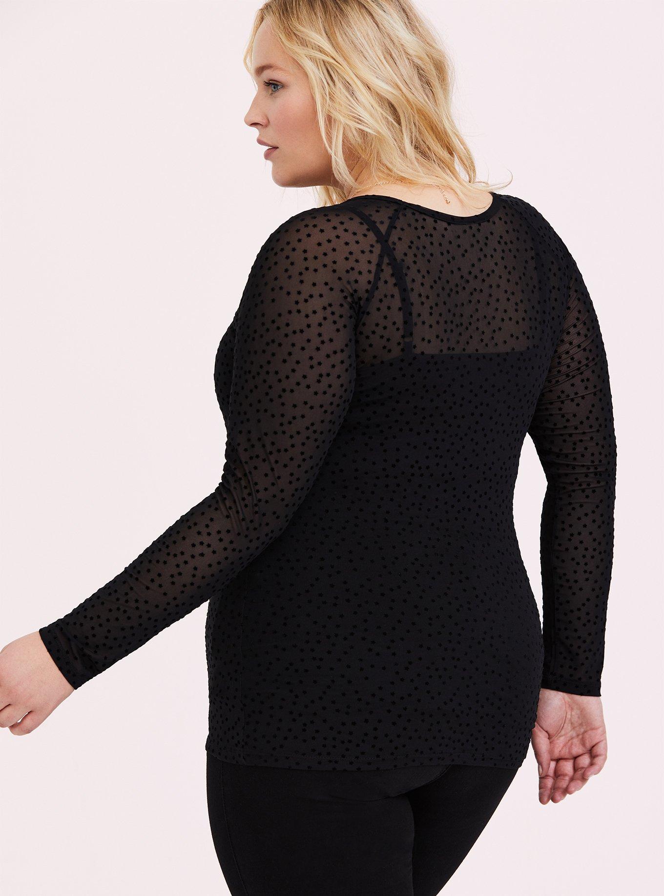 Black Mesh Flocked Star Raglan Top, DEEP BLACK, alternate