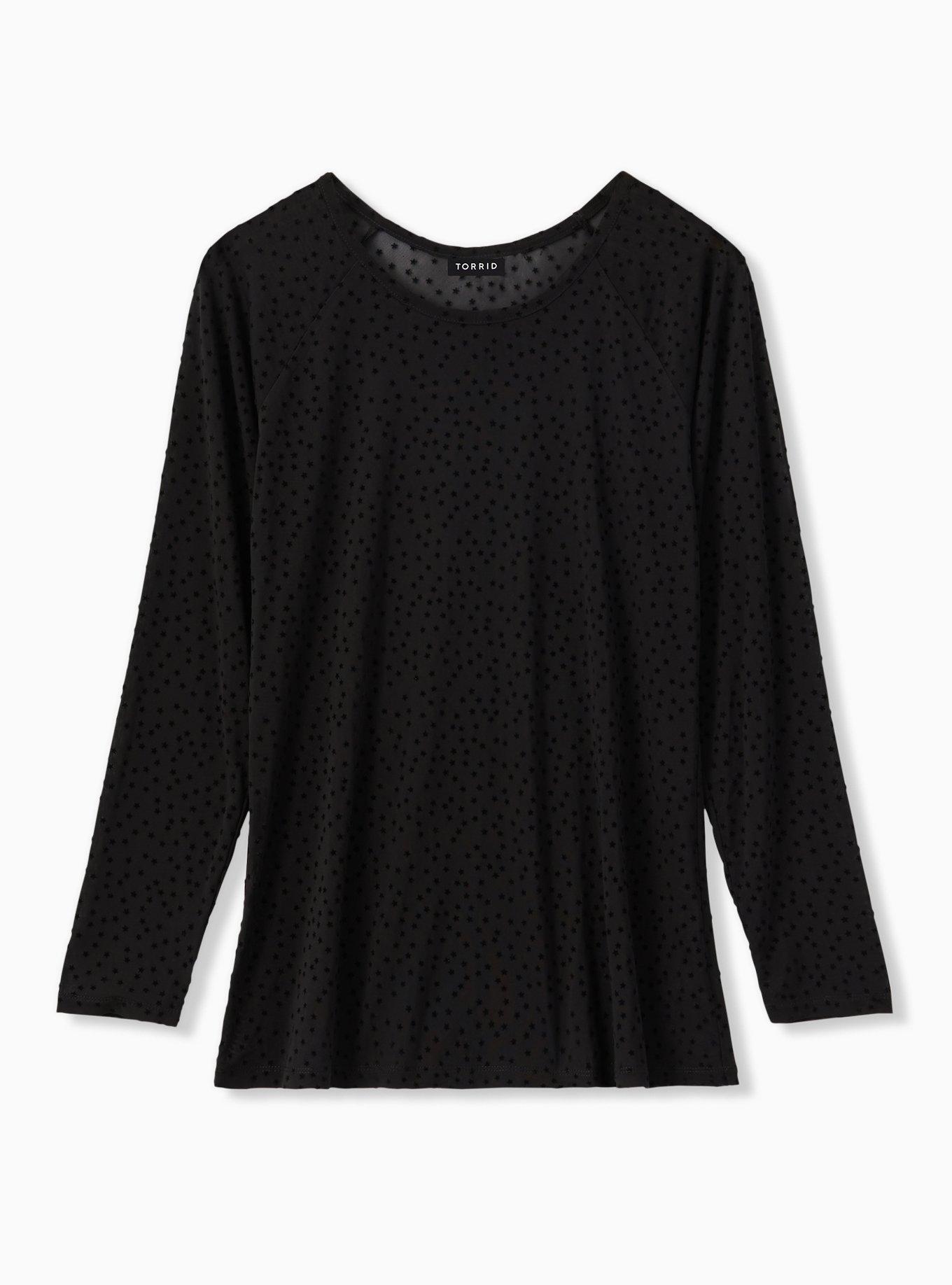 Black Mesh Flocked Star Raglan Top, DEEP BLACK, hi-res