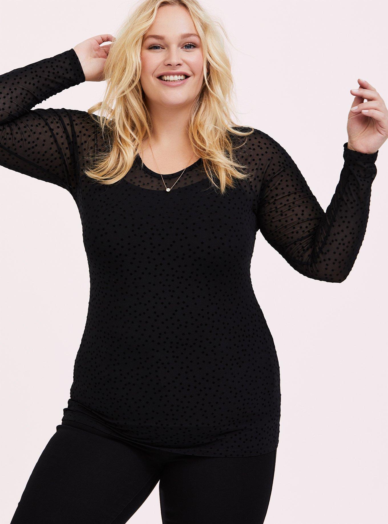 Black Mesh Flocked Star Raglan Top, DEEP BLACK, hi-res