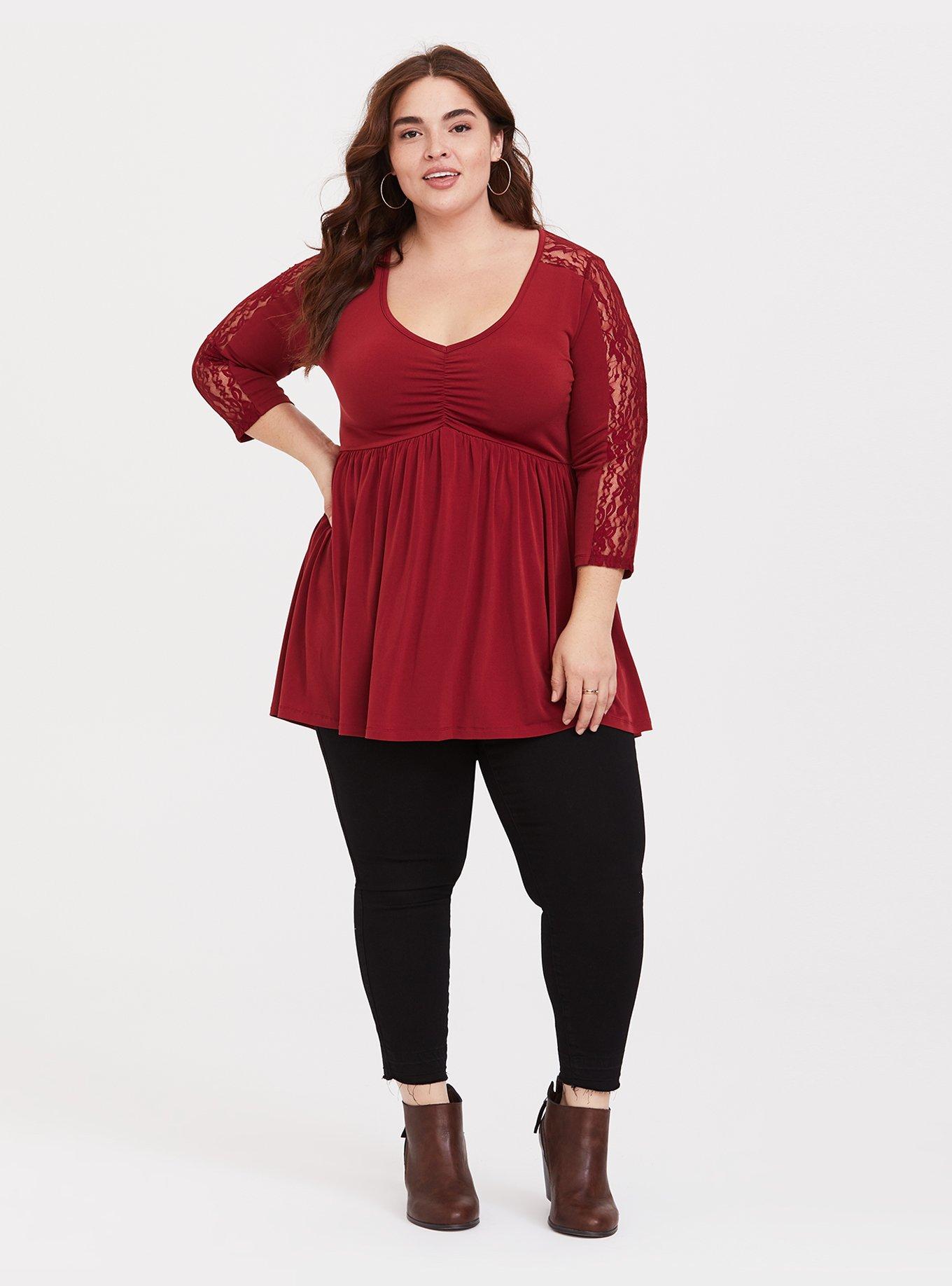 TORRID Knit V-Neck Lace Inset Babydoll Top