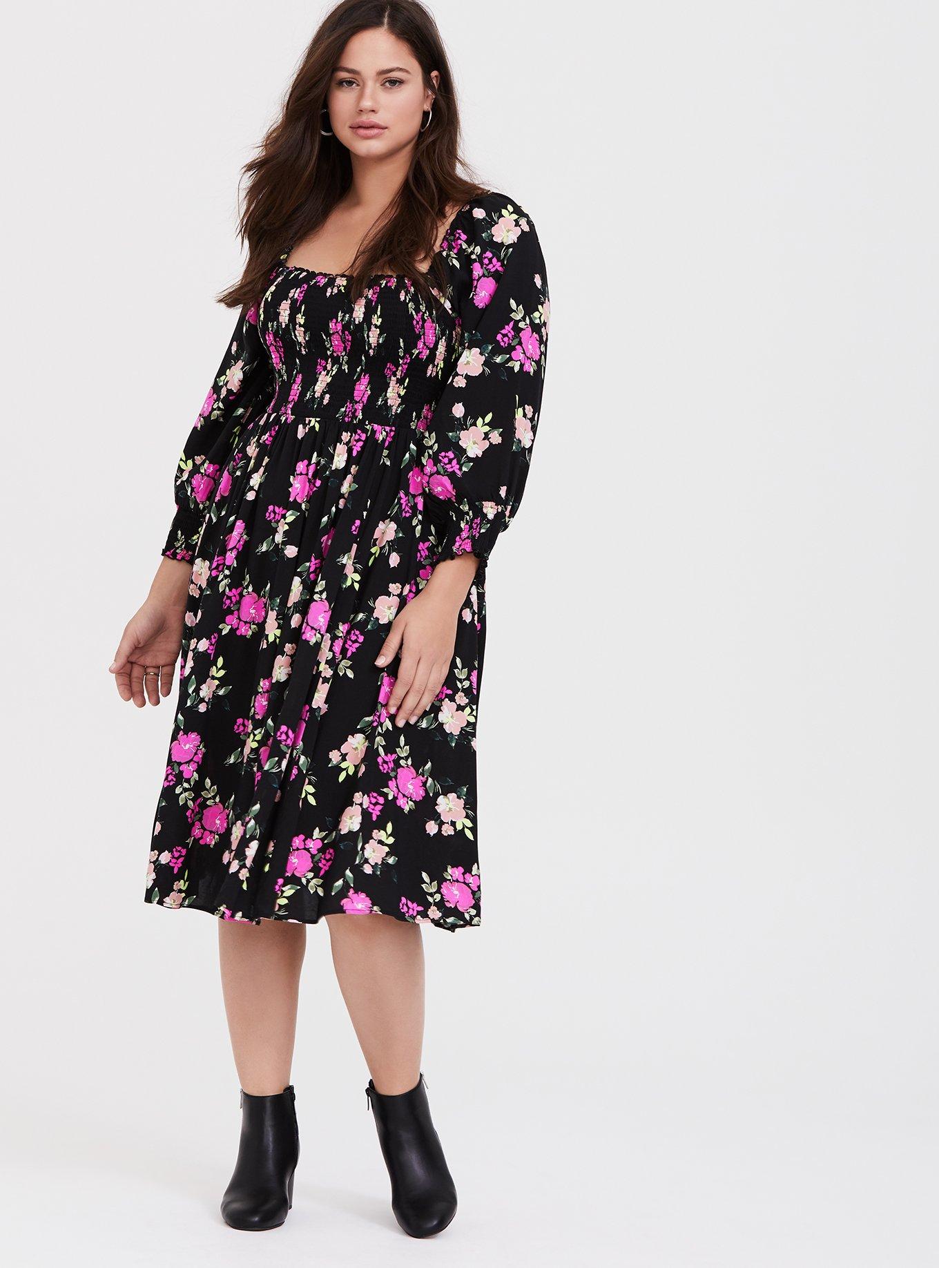 Plus Size - Black Floral Challis Smocked Dress - Torrid