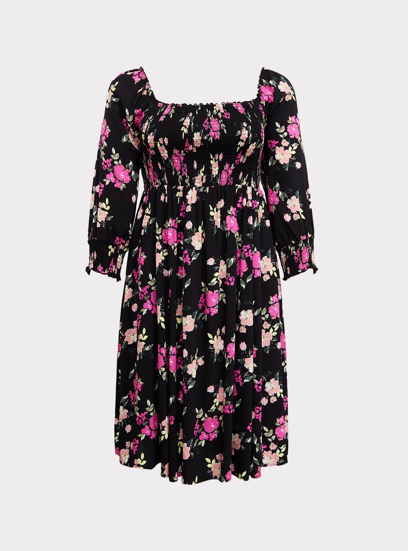 Plus Size - Black Floral Challis Smocked Dress - Torrid