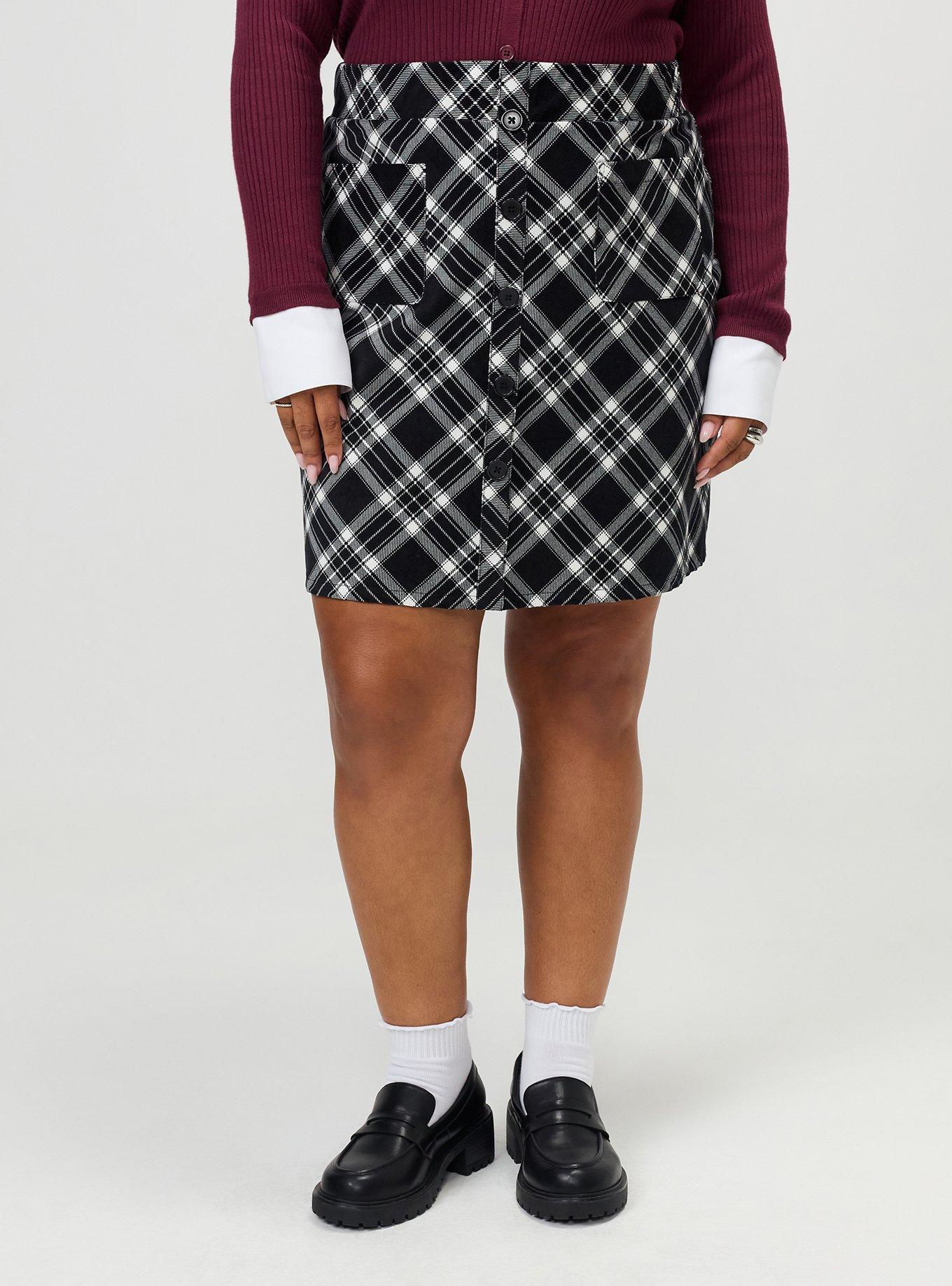 Plus Size Corduroy Button-Front Mini Skirt, HARRIET PLAID BLACK, alternate