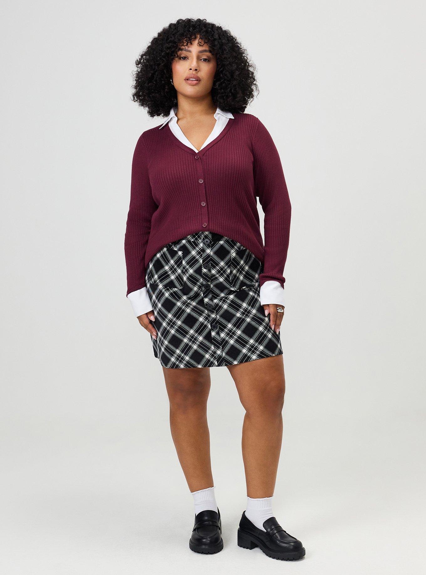 Plus Size Corduroy Button-Front Mini Skirt, HARRIET PLAID BLACK, alternate