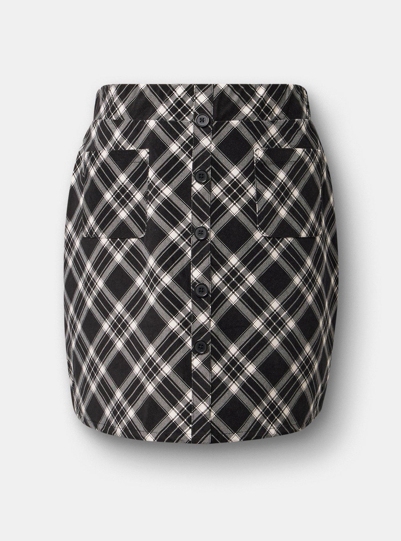 Plus Size Corduroy Button-Front Mini Skirt, HARRIET PLAID BLACK, flat