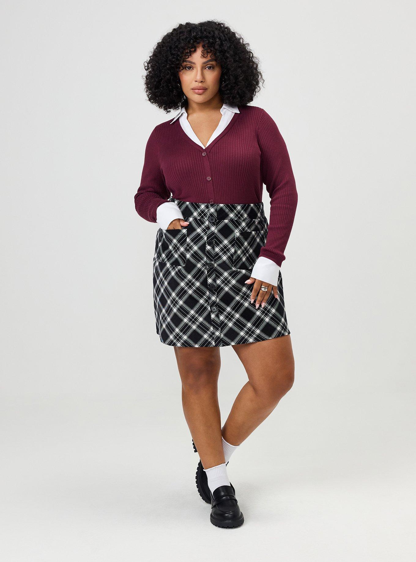 Plus Size Corduroy Button-Front Mini Skirt, HARRIET PLAID BLACK, hi-res