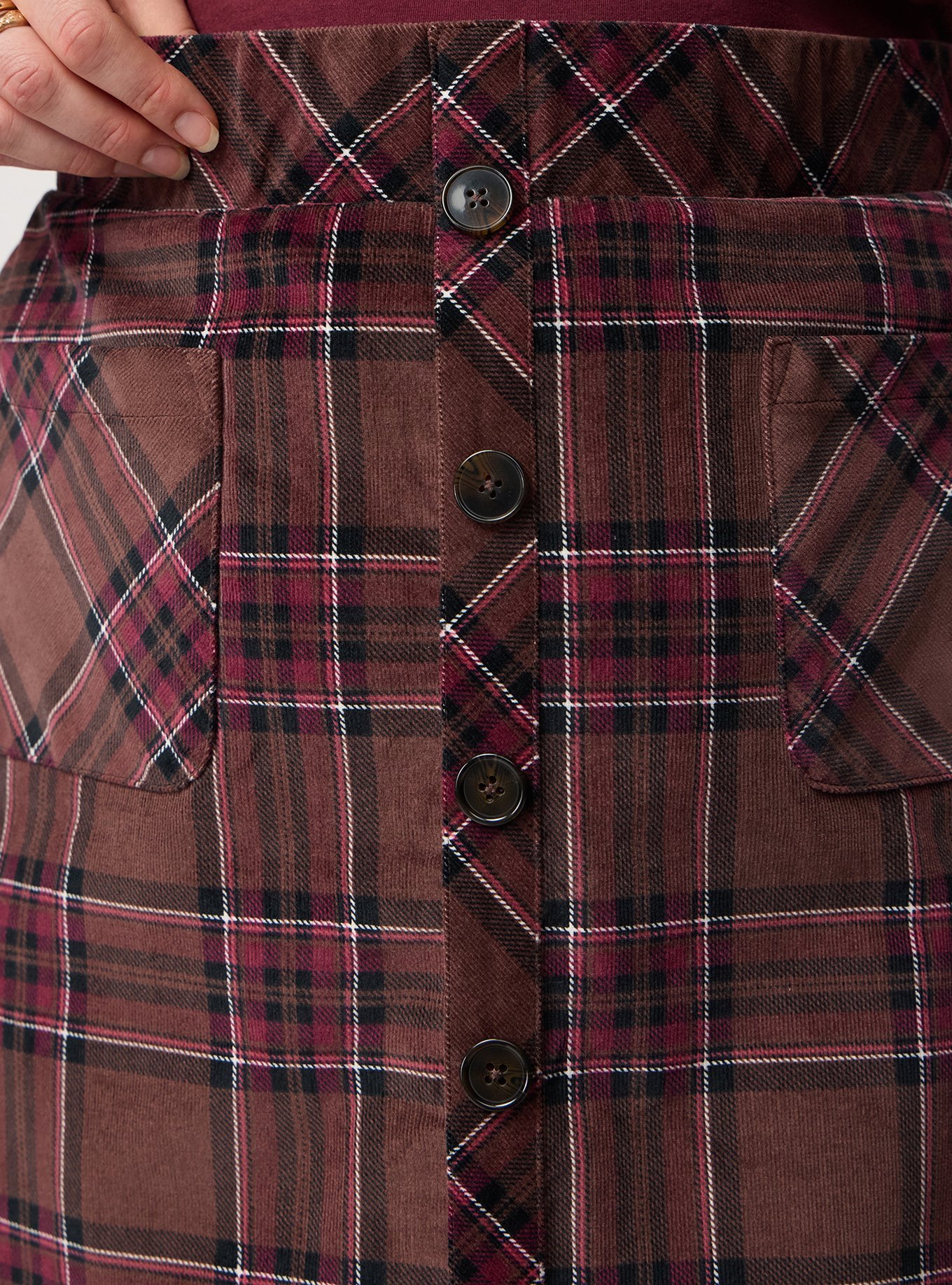 Corduroy Button-Front Mini Skirt, NEO PINKY PLAID BROWN, alternate