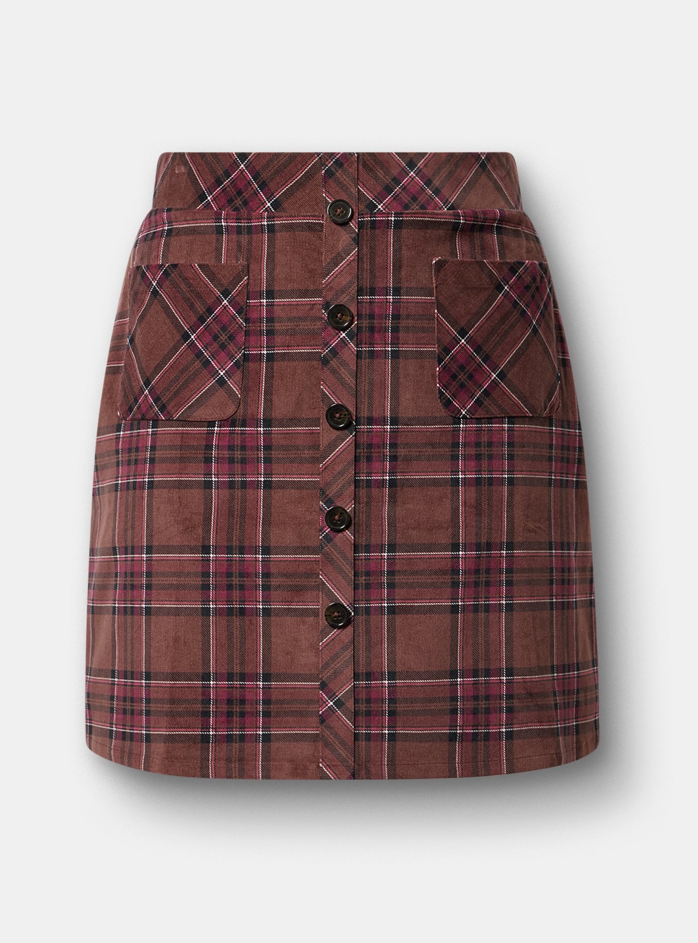 Corduroy Button-Front Mini Skirt, NEO PINKY PLAID BROWN, flat