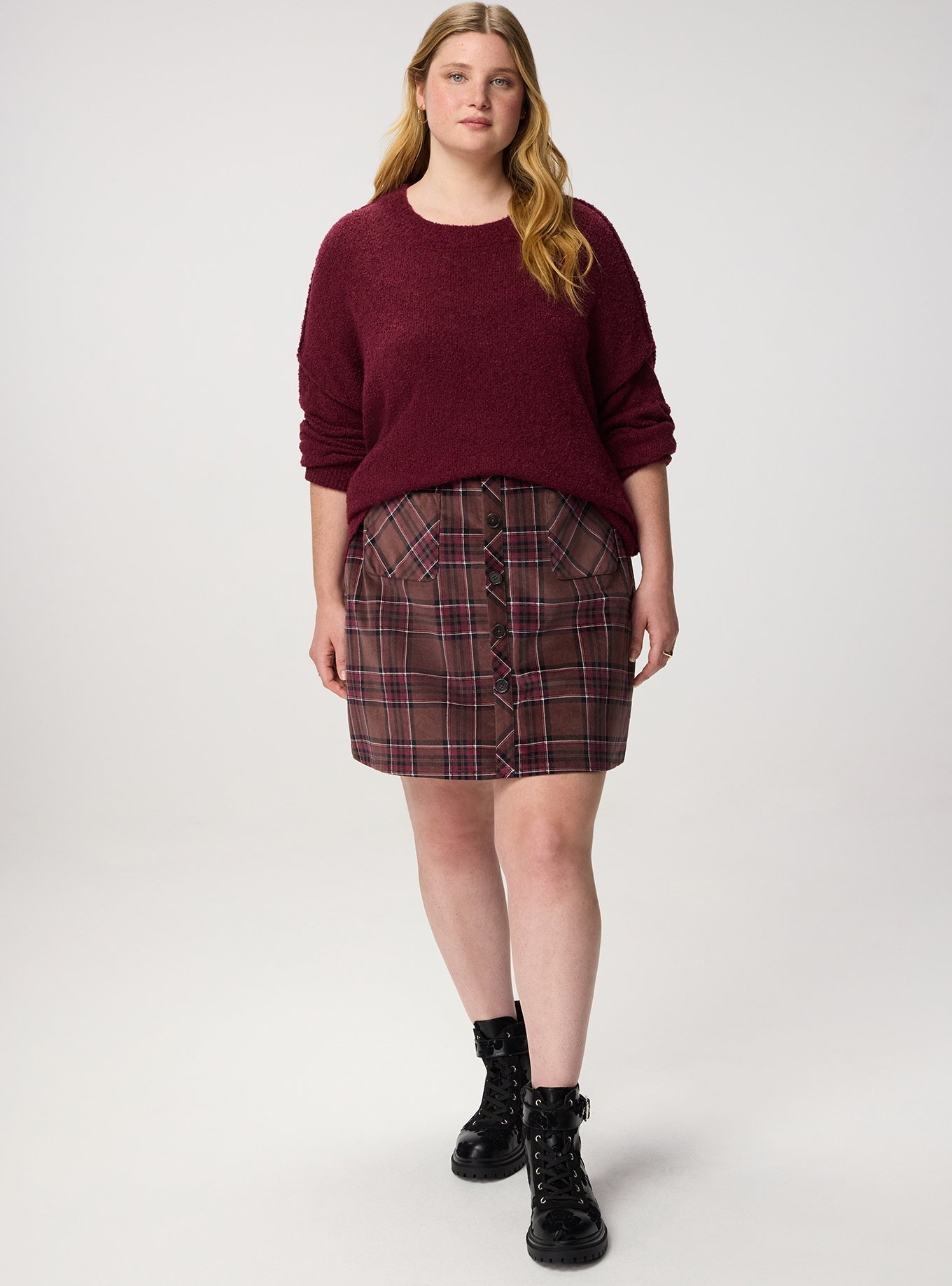 Corduroy Button-Front Mini Skirt, NEO PINKY PLAID BROWN, hi-res