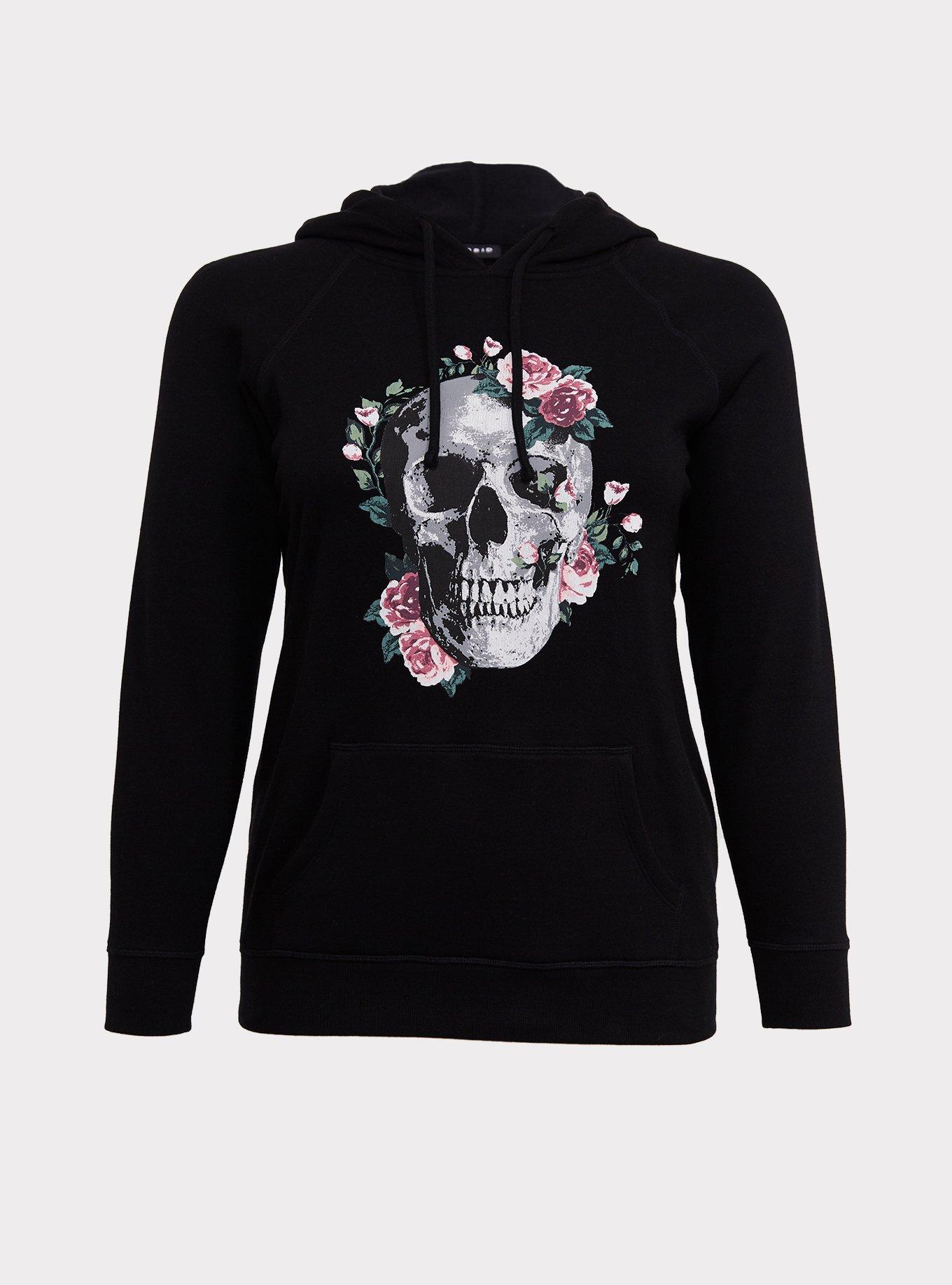 Plus Size - Black Floral Skull Raglan Hoodie - Torrid