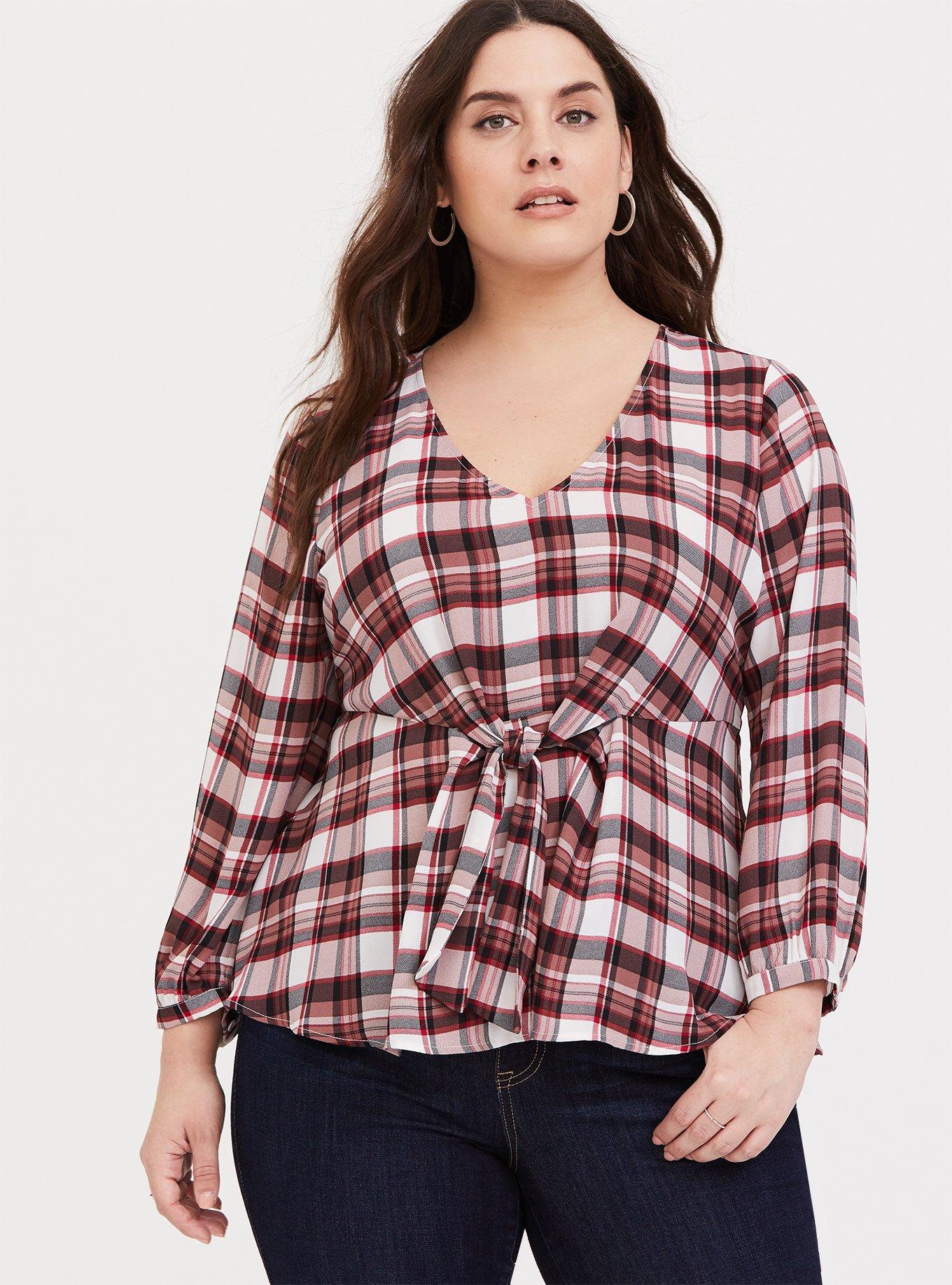 Plus Size Georgette Tie-Front Blouse, WONDERFUL PLAID, hi-res