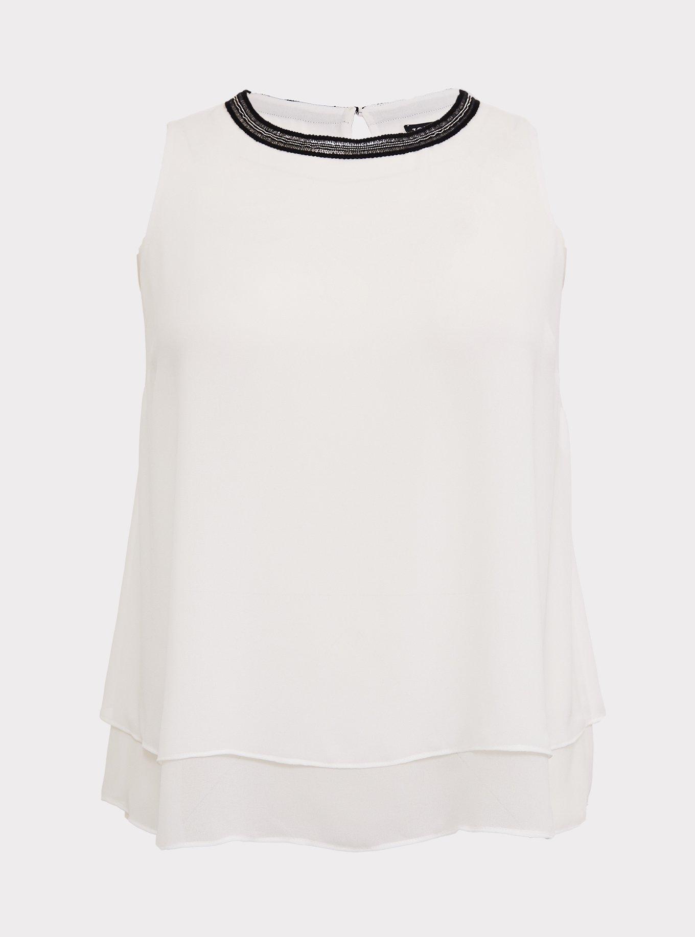 jose moon COTTON CHIFFON TANK ホワイト Plus Size - White Chiffon Embellished Double Layer Tank - Torrid