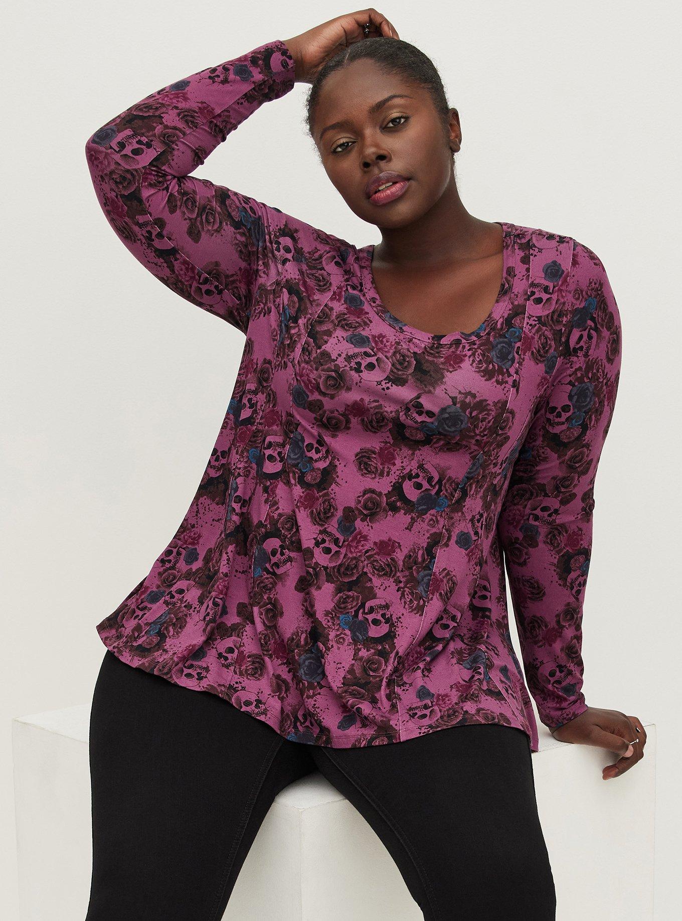 Super Soft Scoop Neck Fit And Flare Long Sleeve Top, PURPLE, alternate