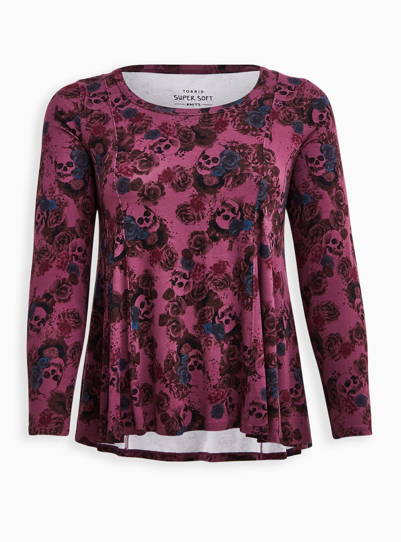 Super Soft Scoop Neck Fit And Flare Long Sleeve Top, PURPLE, hi-res