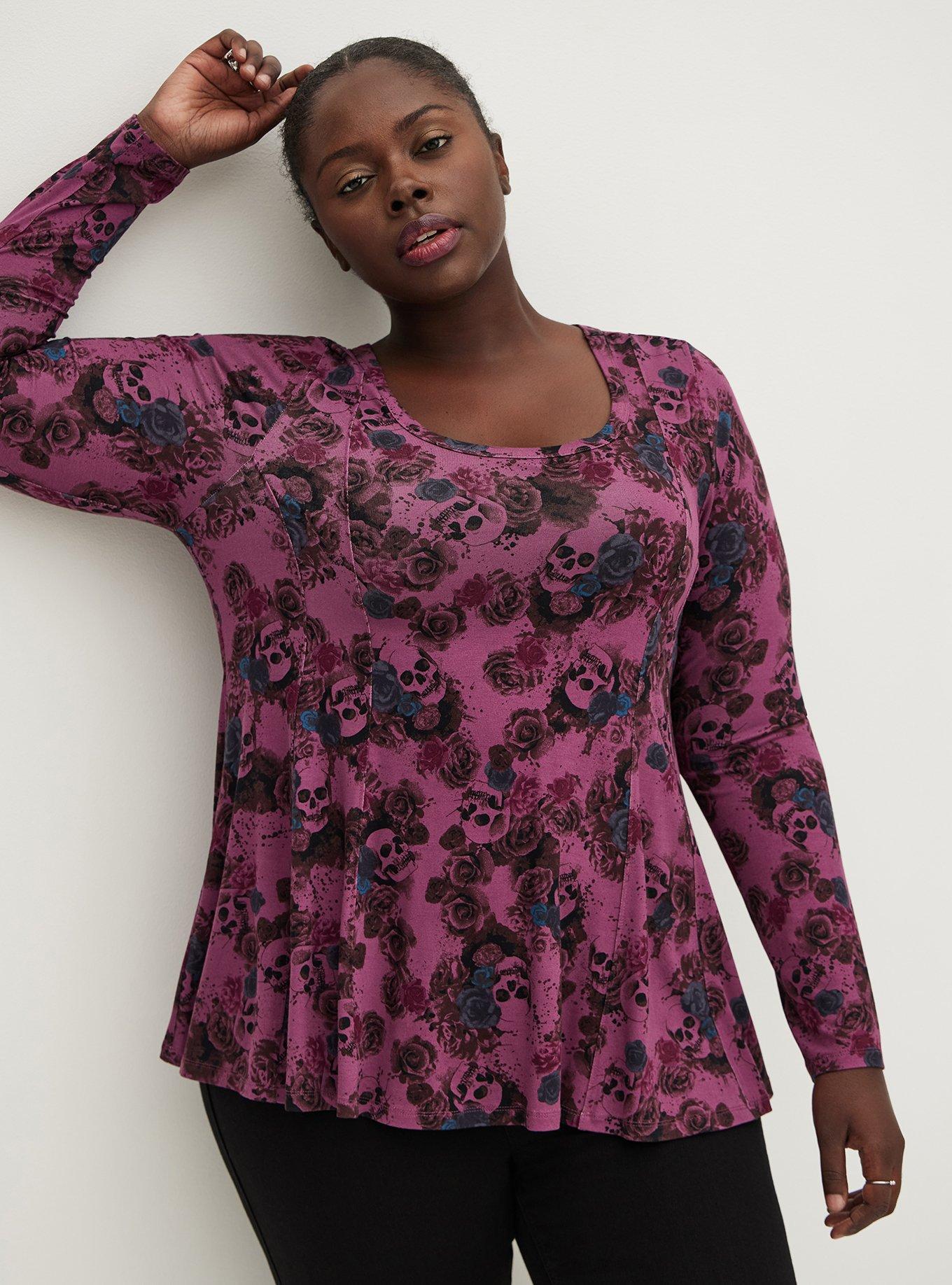 Super Soft Scoop Neck Fit And Flare Long Sleeve Top, PURPLE, hi-res