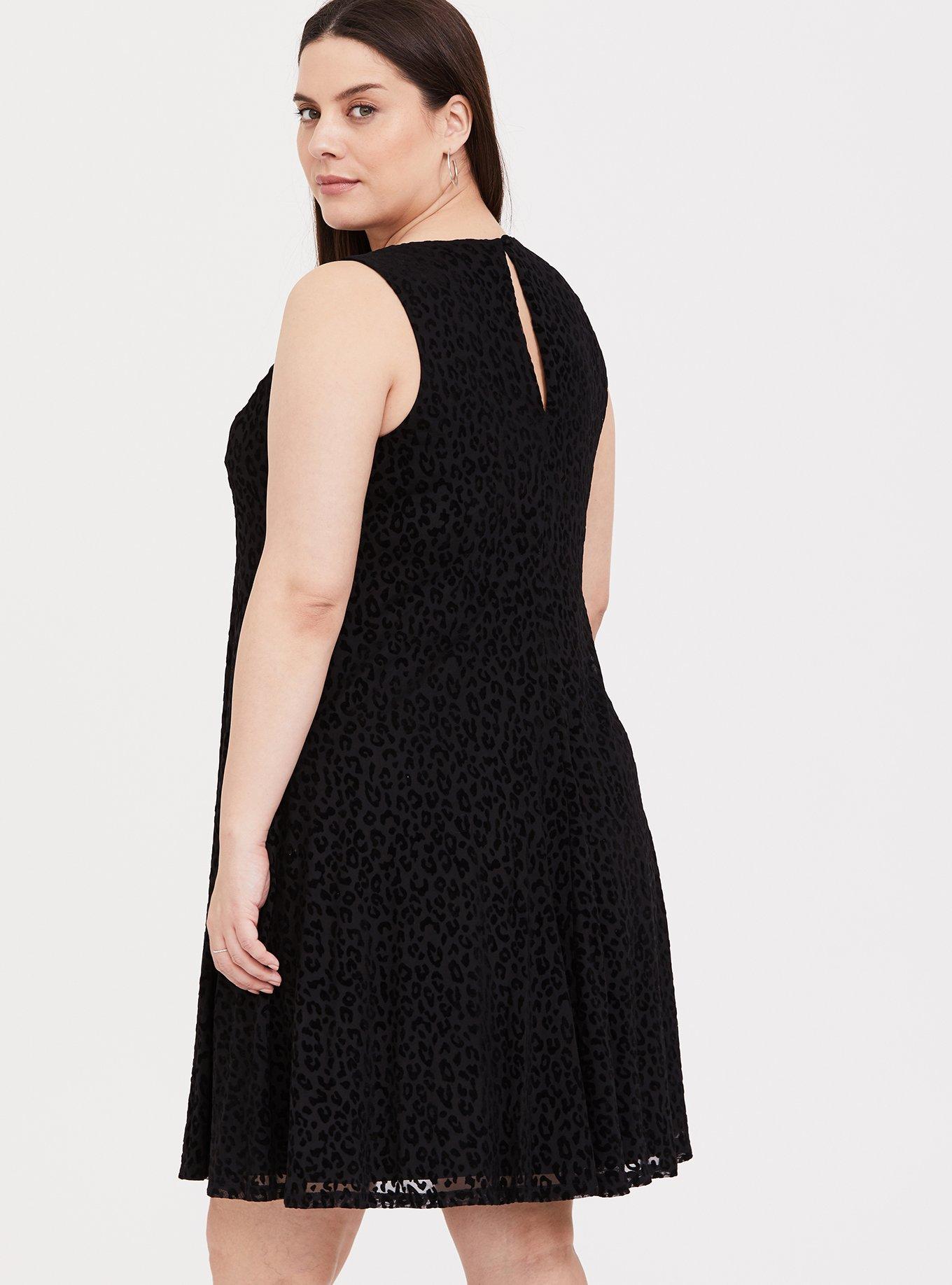 Black Mesh Flocked Leopard Trapeze Dress, DEEP BLACK, alternate