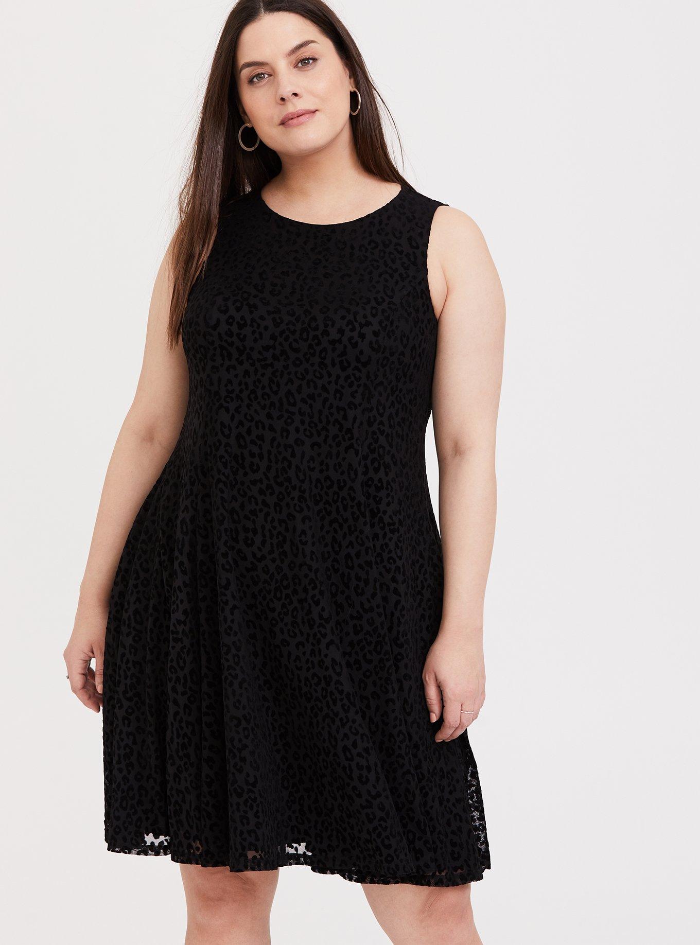 Plus Size - Black Mesh Flocked Leopard Trapeze Dress - Torrid