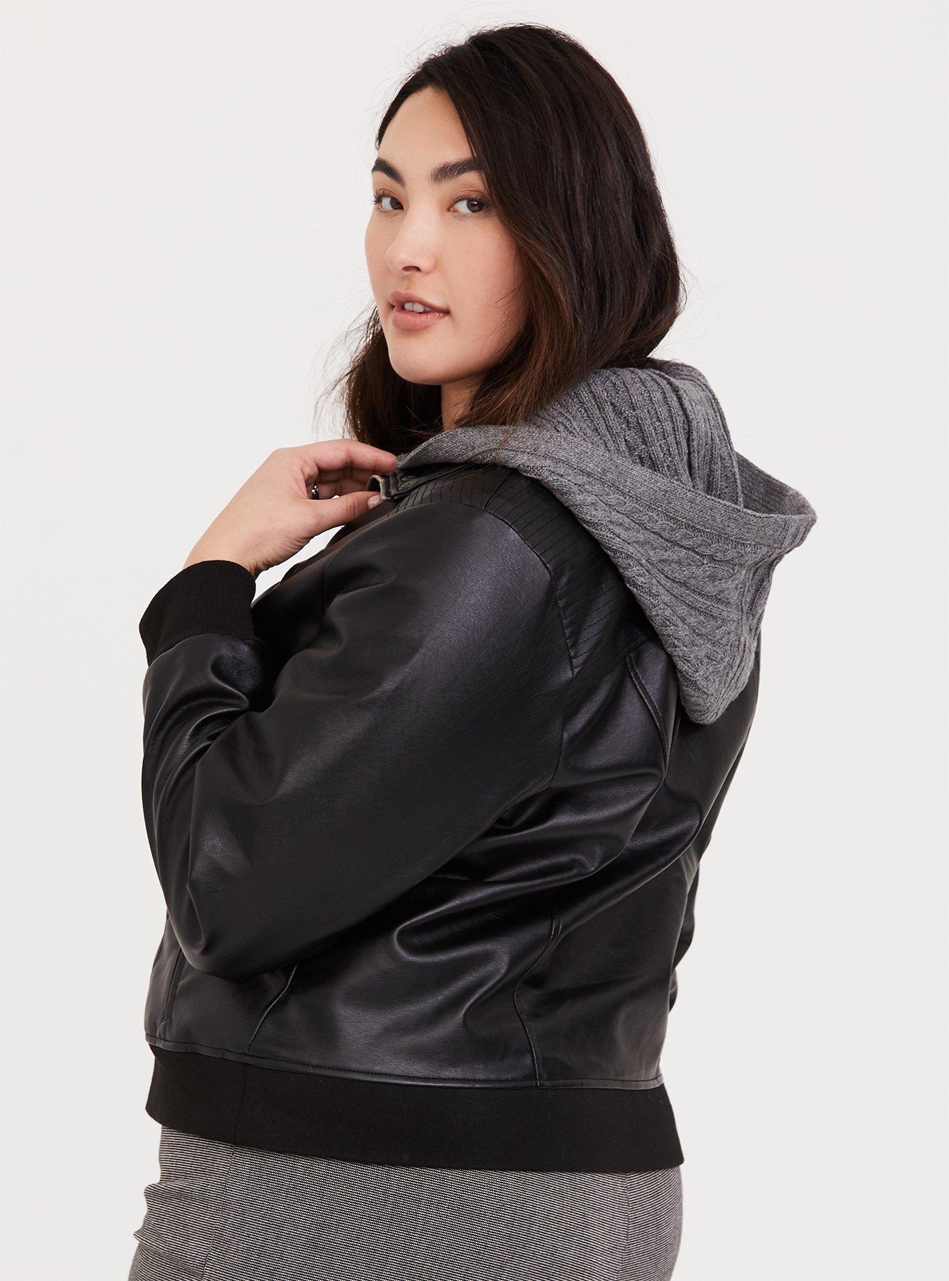 Plus Size Black Faux Leather Hooded Bomber Jacket Torrid