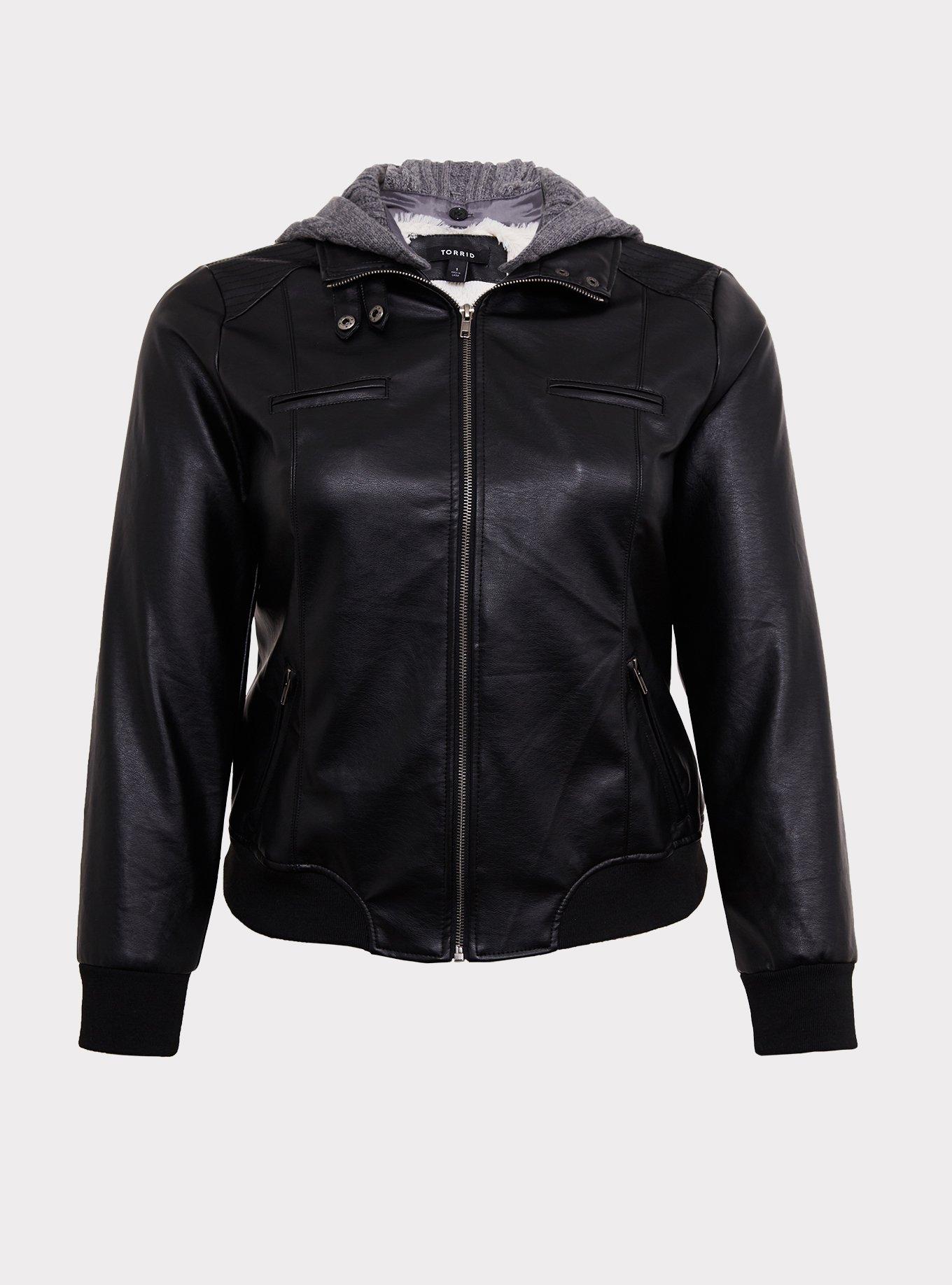 Plus Size - Black Faux Leather Hooded Bomber Jacket - Torrid