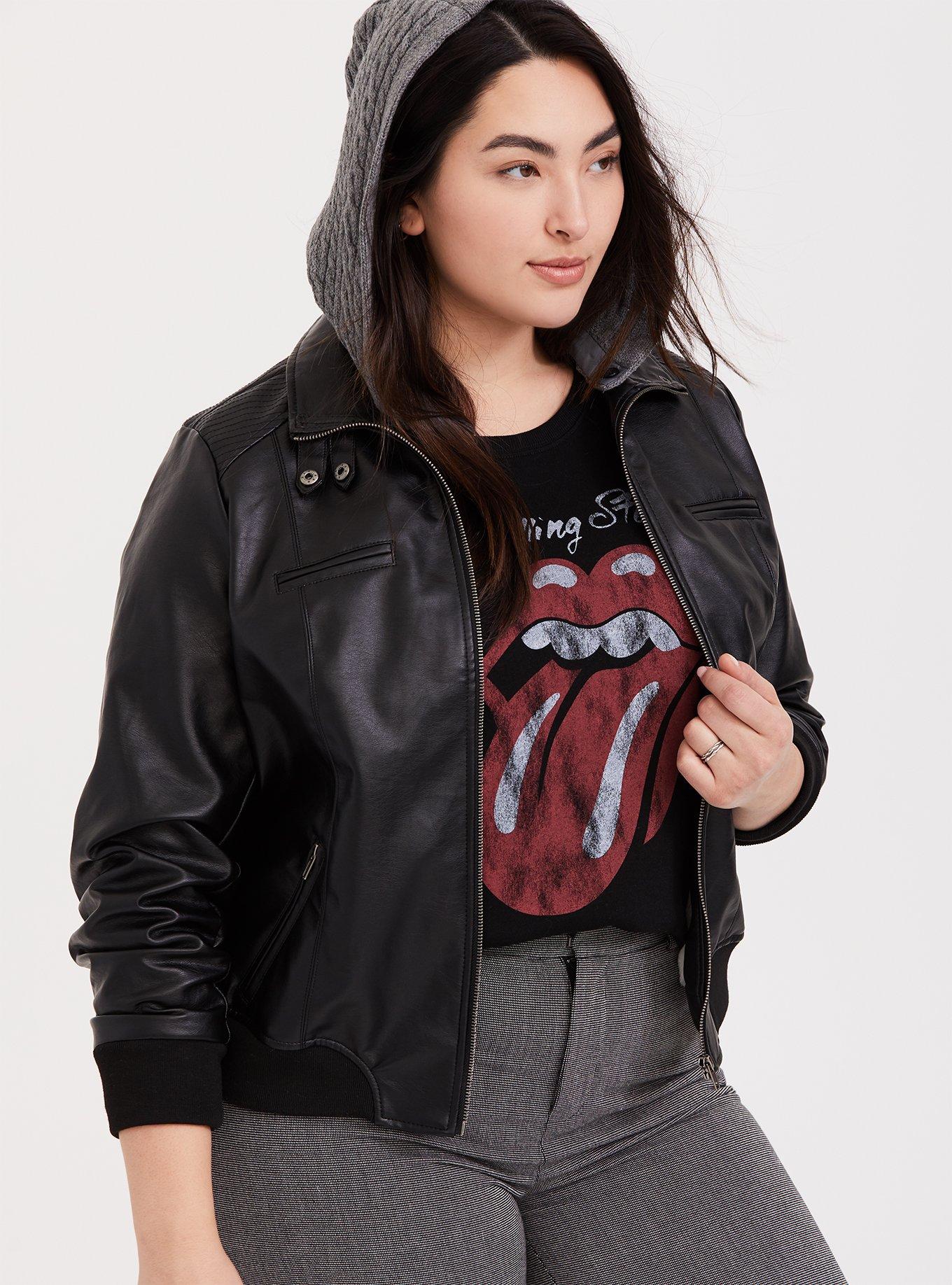 Black hooded faux leather biker jacket on sale