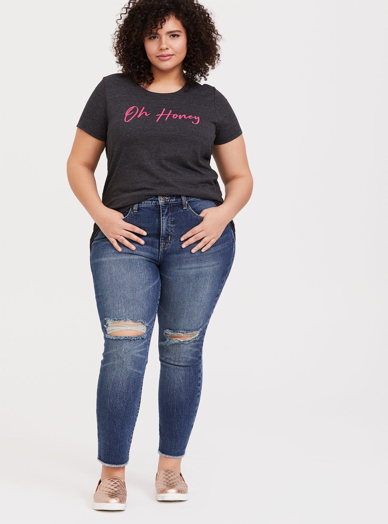 Plus Size Oh Honey Grey Slim Fit Crew Tee, CHARCOAL HEATHER, alternate
