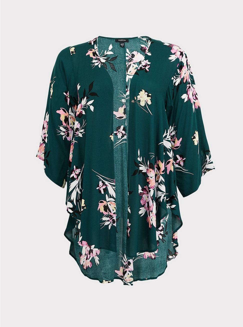 Plus Size - Green Floral Drape Front Kimono - Torrid