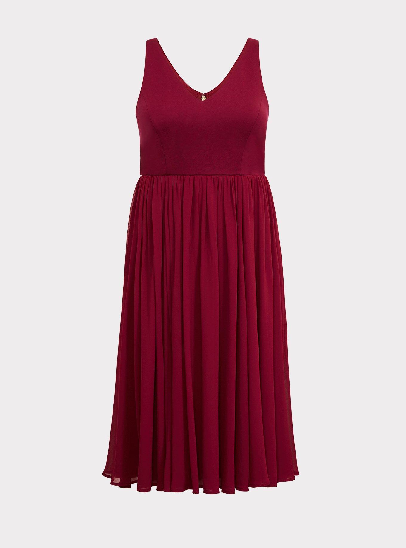 Midi Chiffon Skater Dress, BEET RED, hi-res